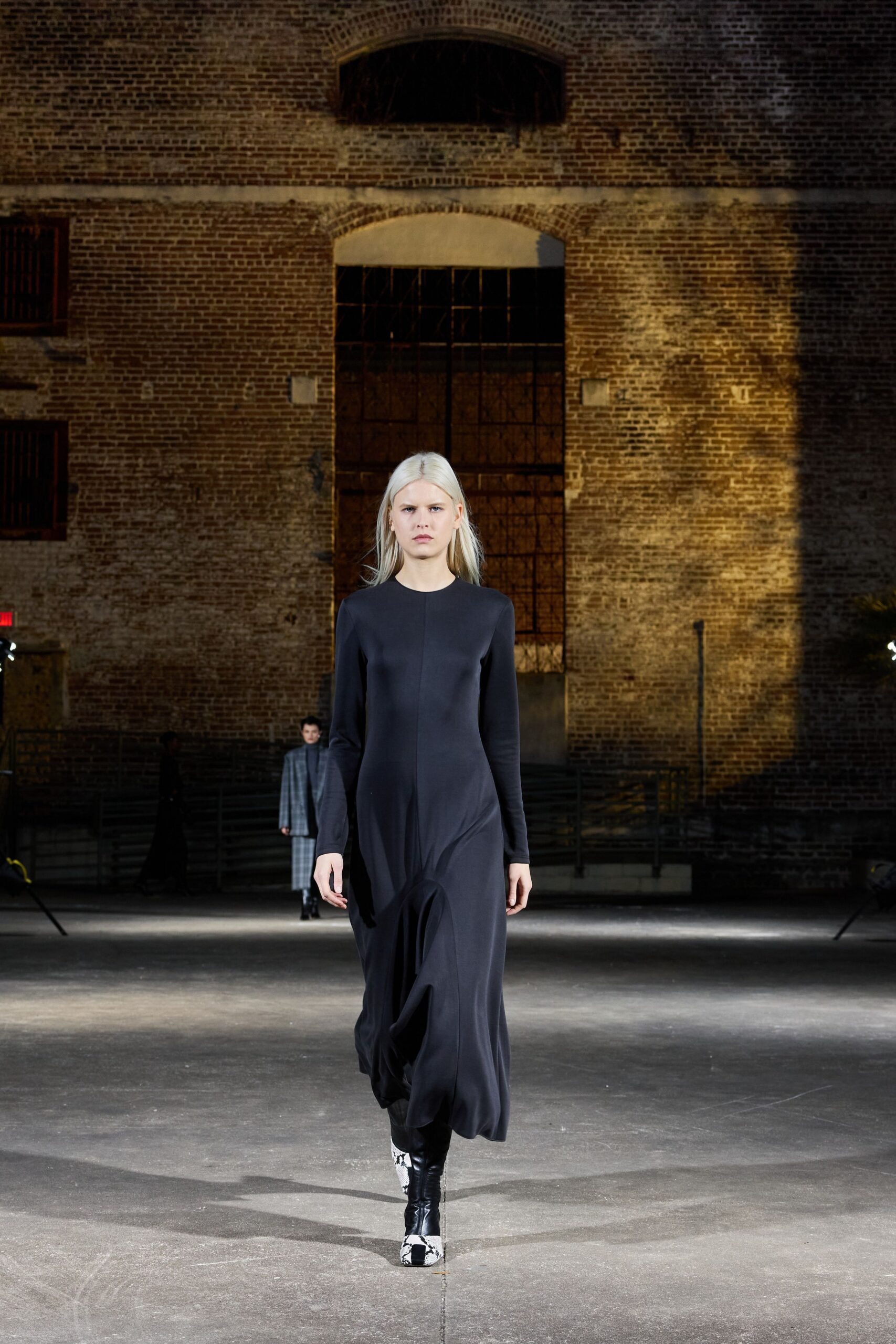 black silk long-sleeve high-neck fitted draped flowing dress