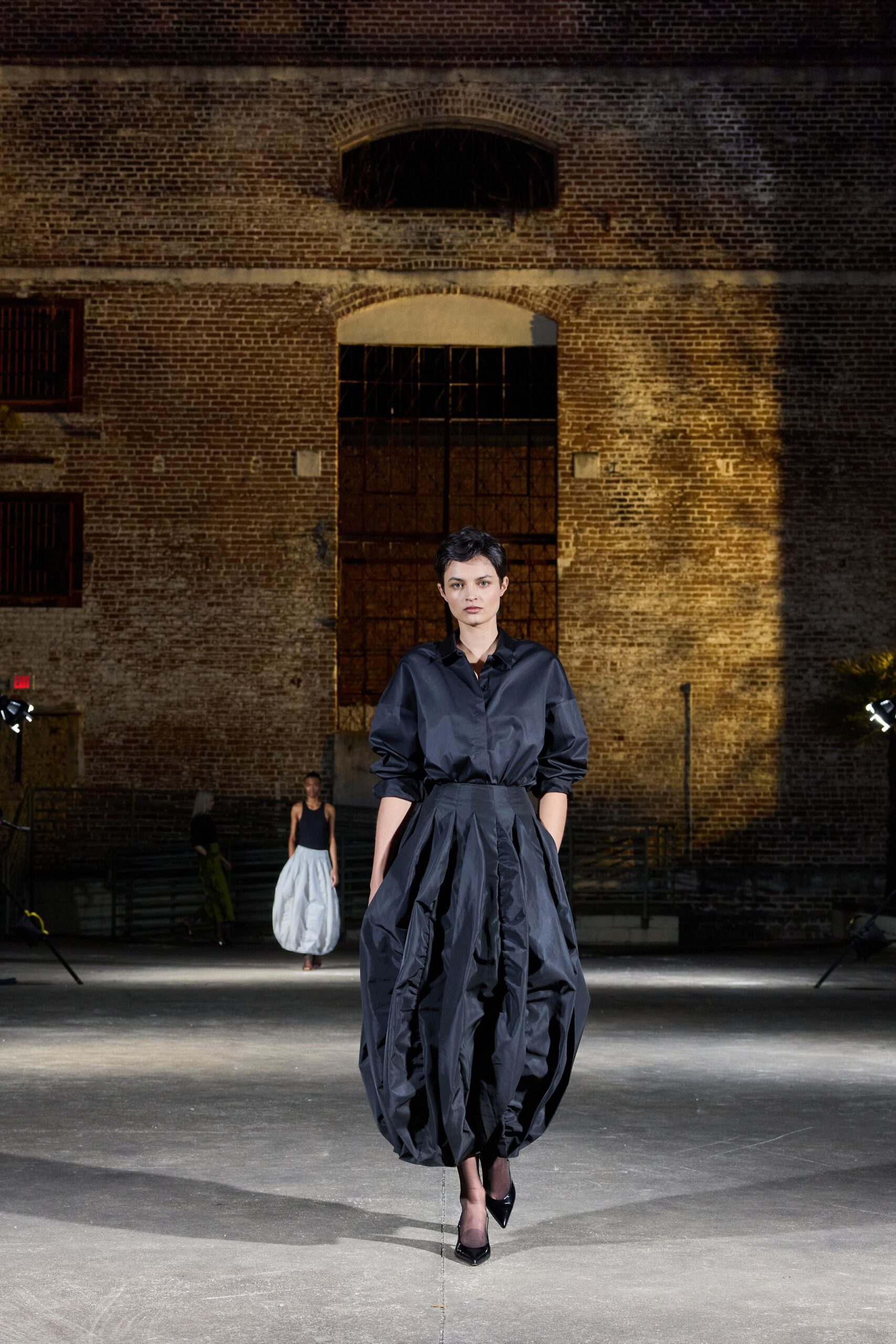 black silk long-sleeve collared fitted pleated layered dress
