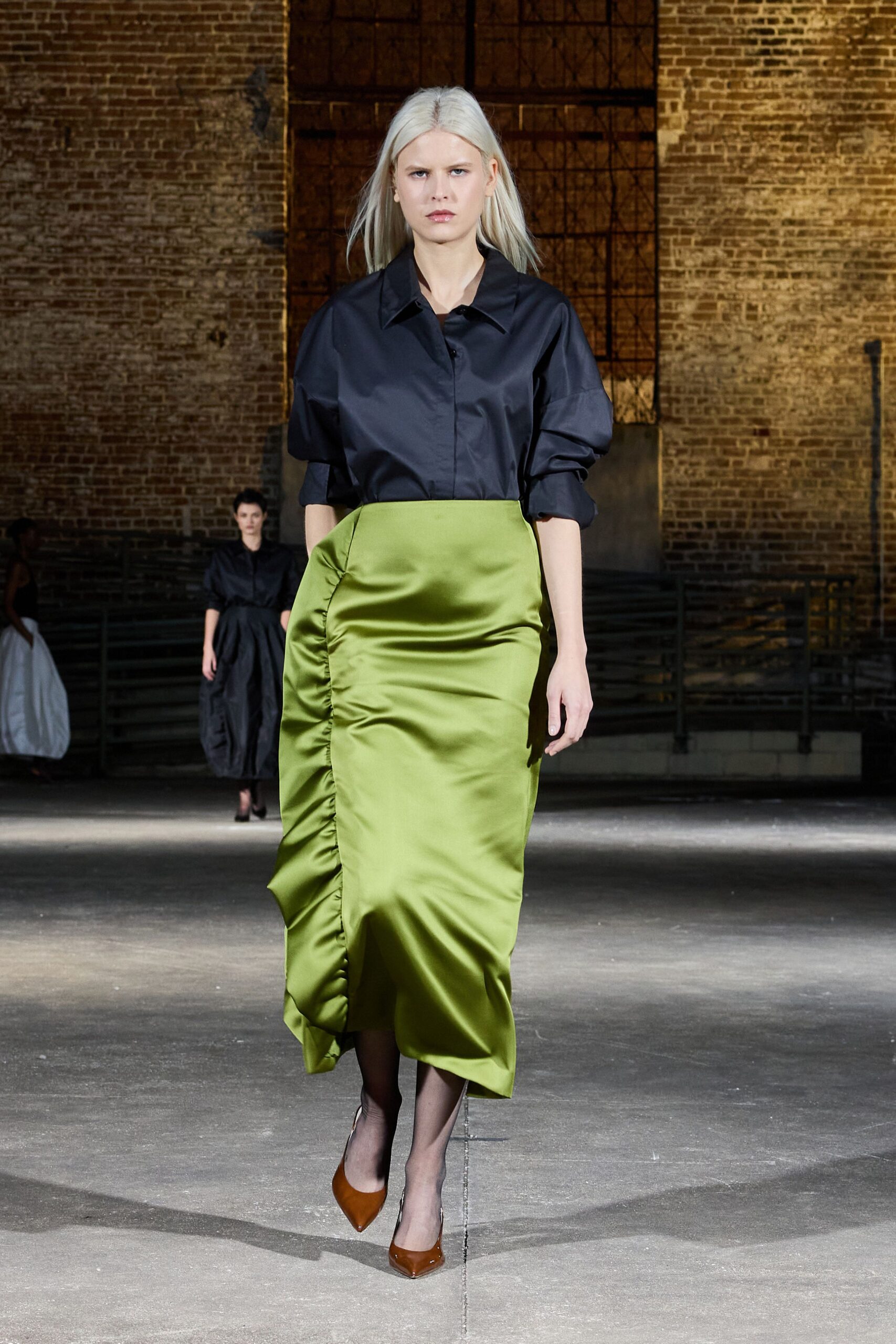 green satin fitted ruched midi skirt