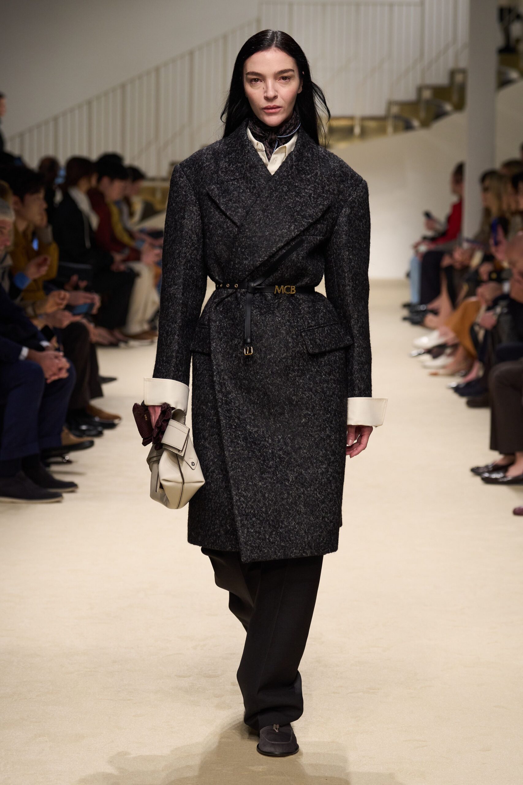gray wool long-sleeve collared tailored belted coat