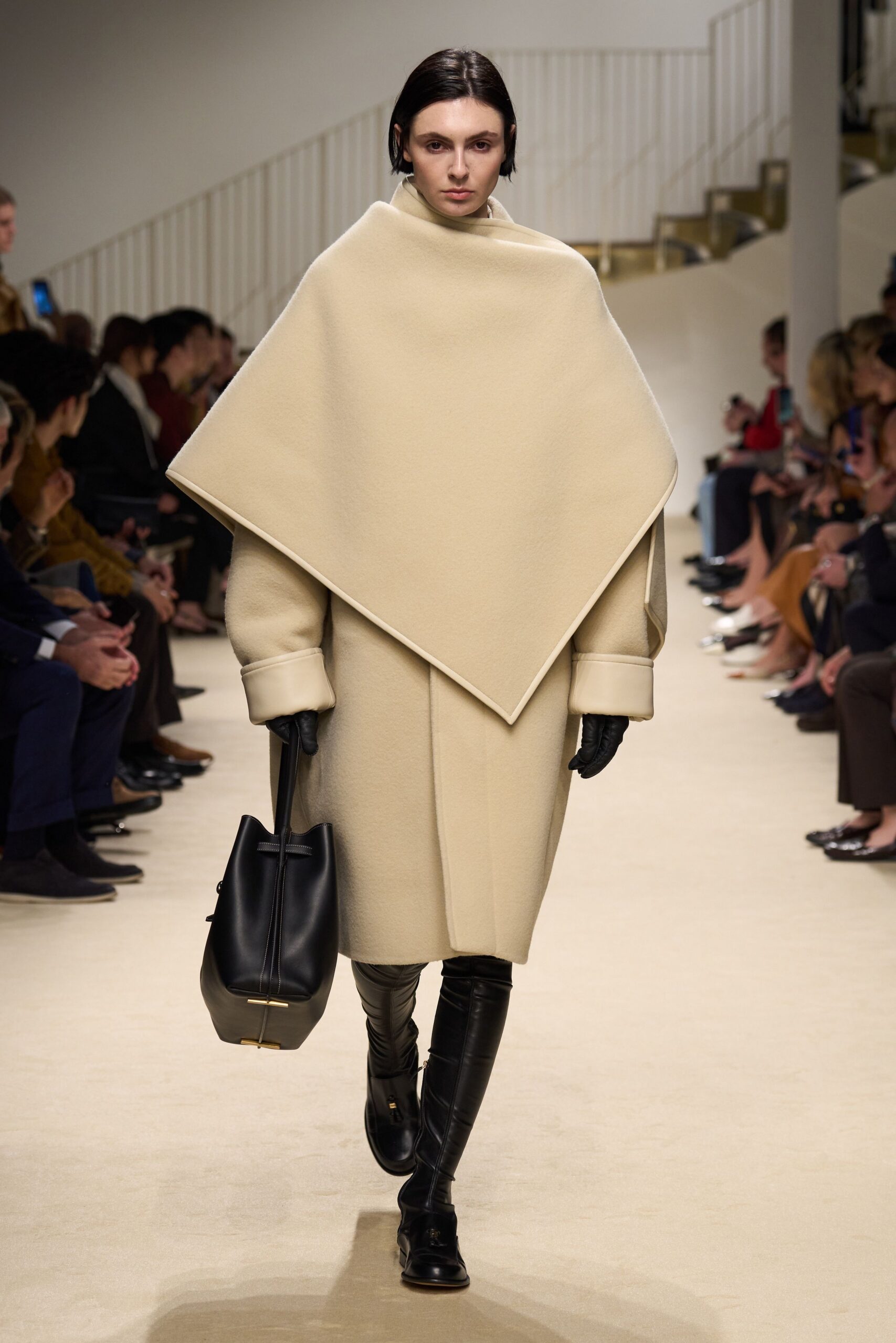 beige wool long-sleeve collared relaxed layered coat
