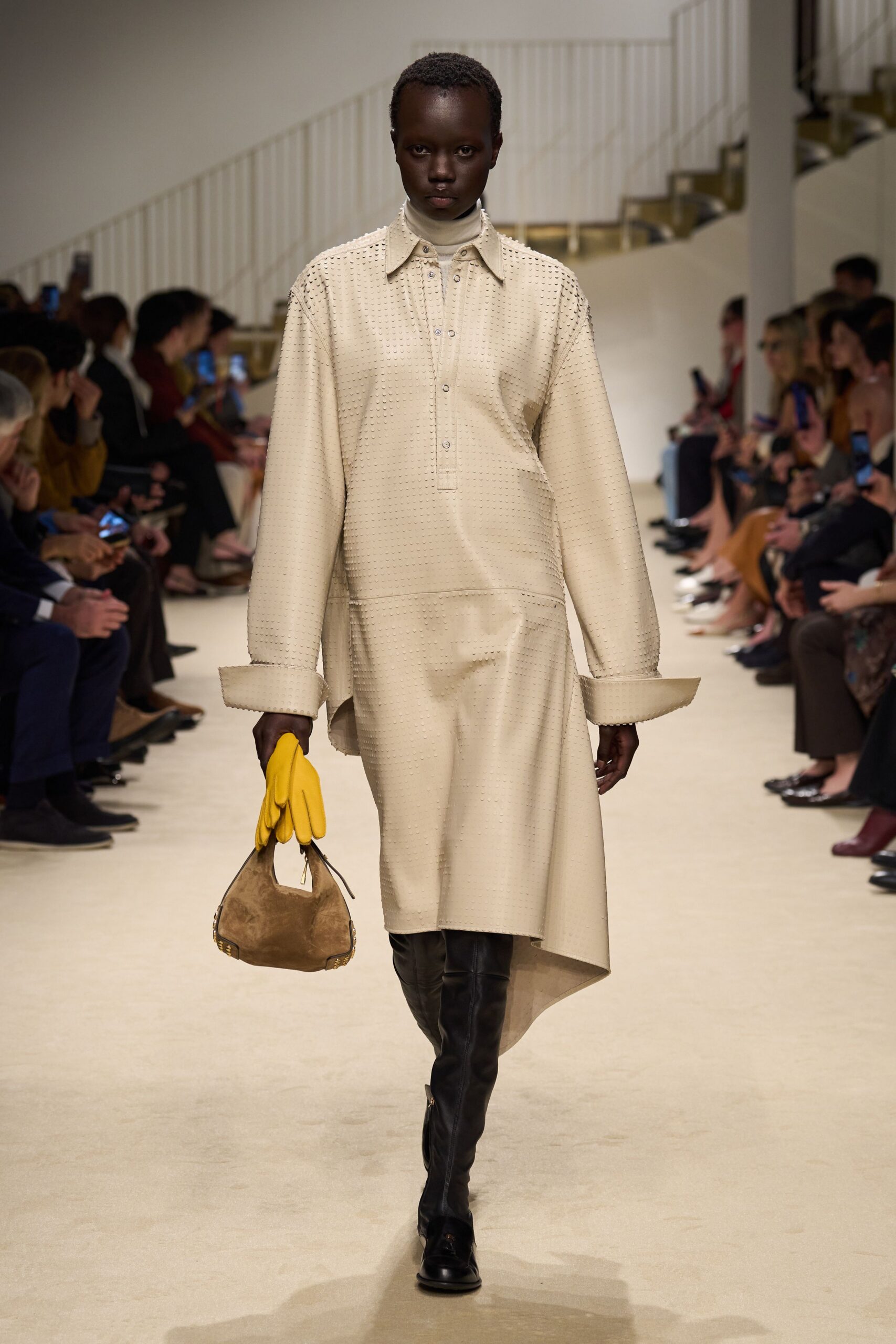 beige cotton long-sleeve collared relaxed buttoned midi shirt-dress