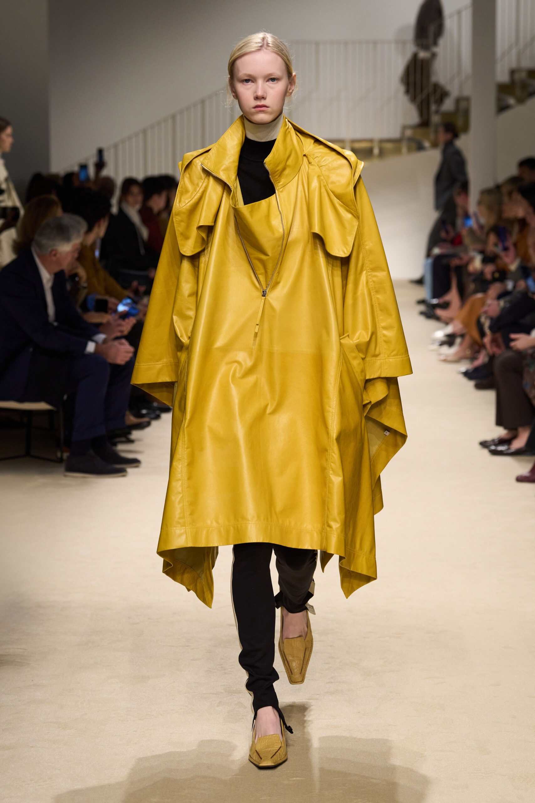 yellow leather long-sleeve oversized draped cape
