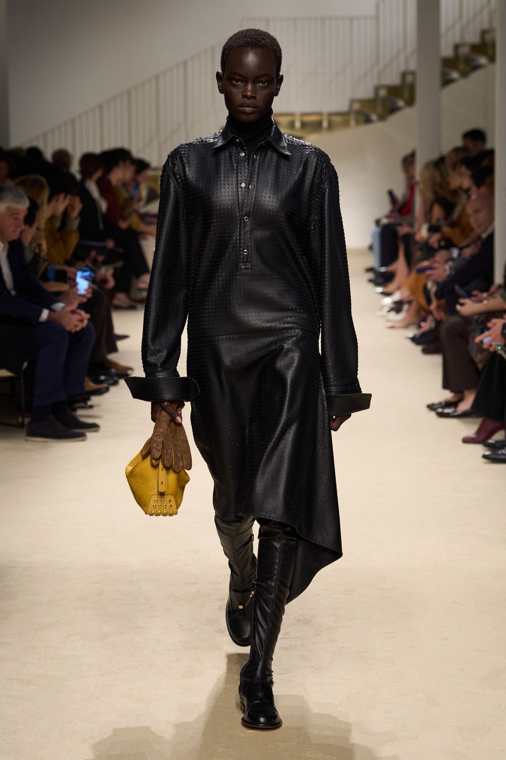 black leather long-sleeve collared fitted pleated midi dress