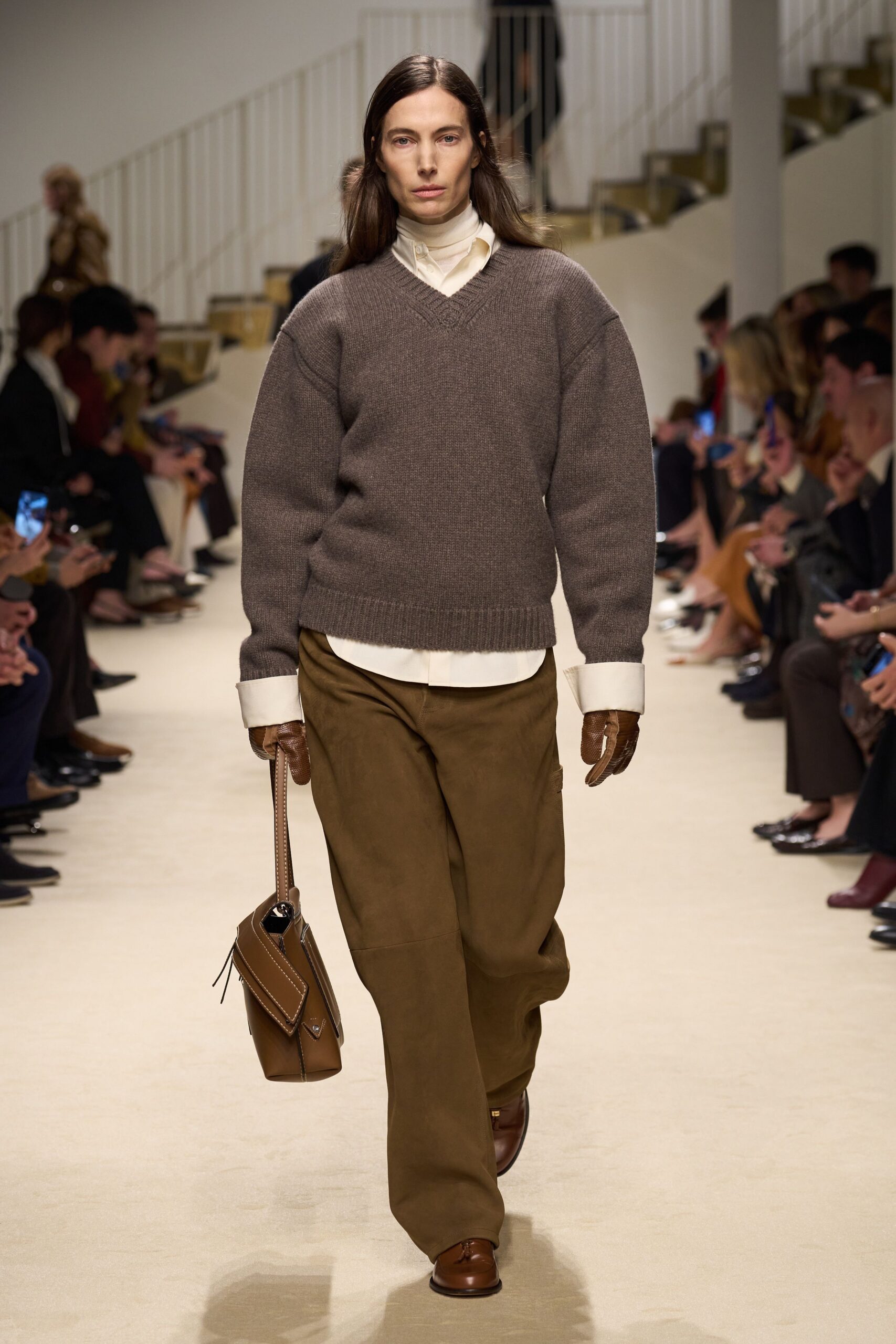 brown wool long-sleeve v-neck oversized sweater