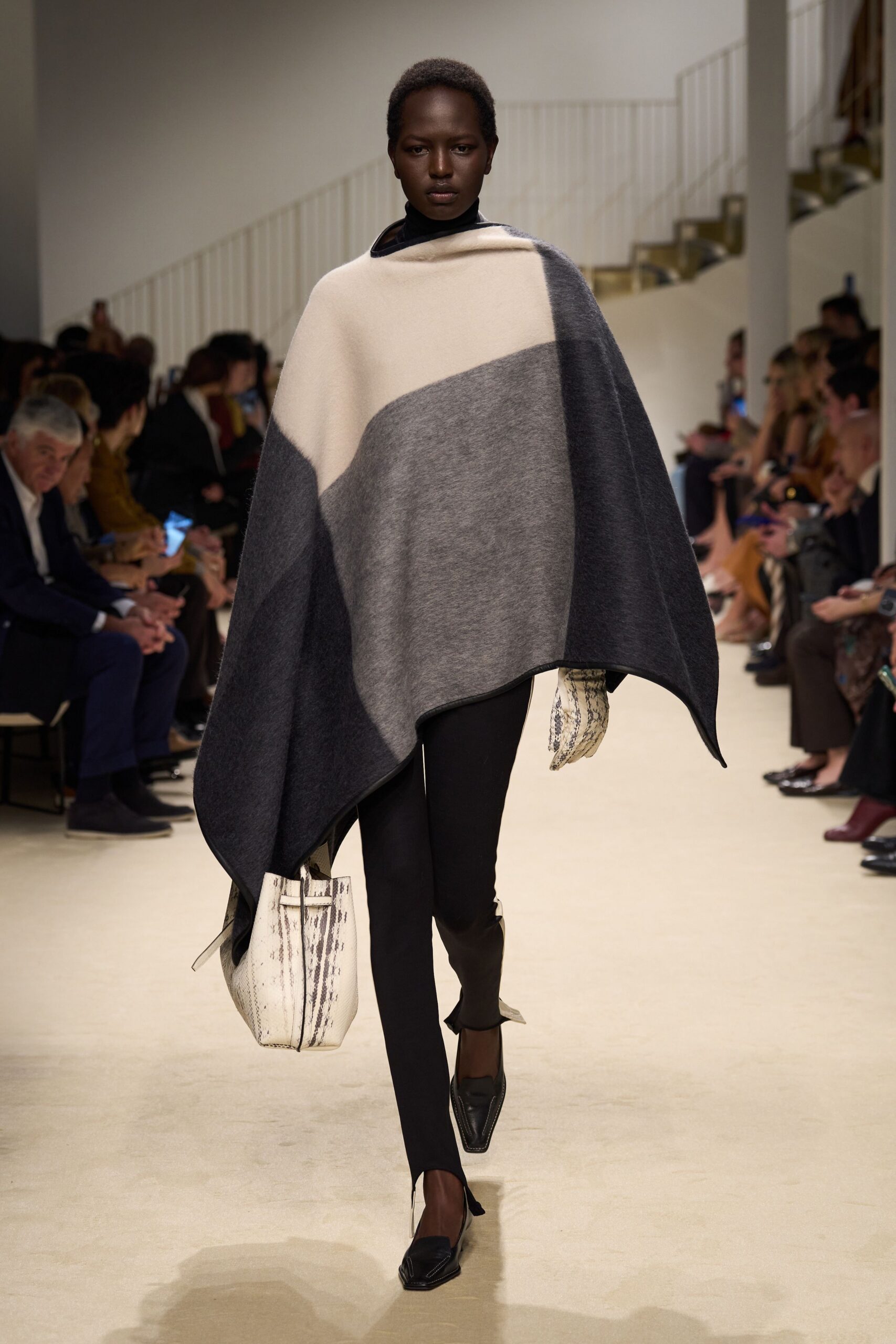 black wool relaxed color-blocked poncho