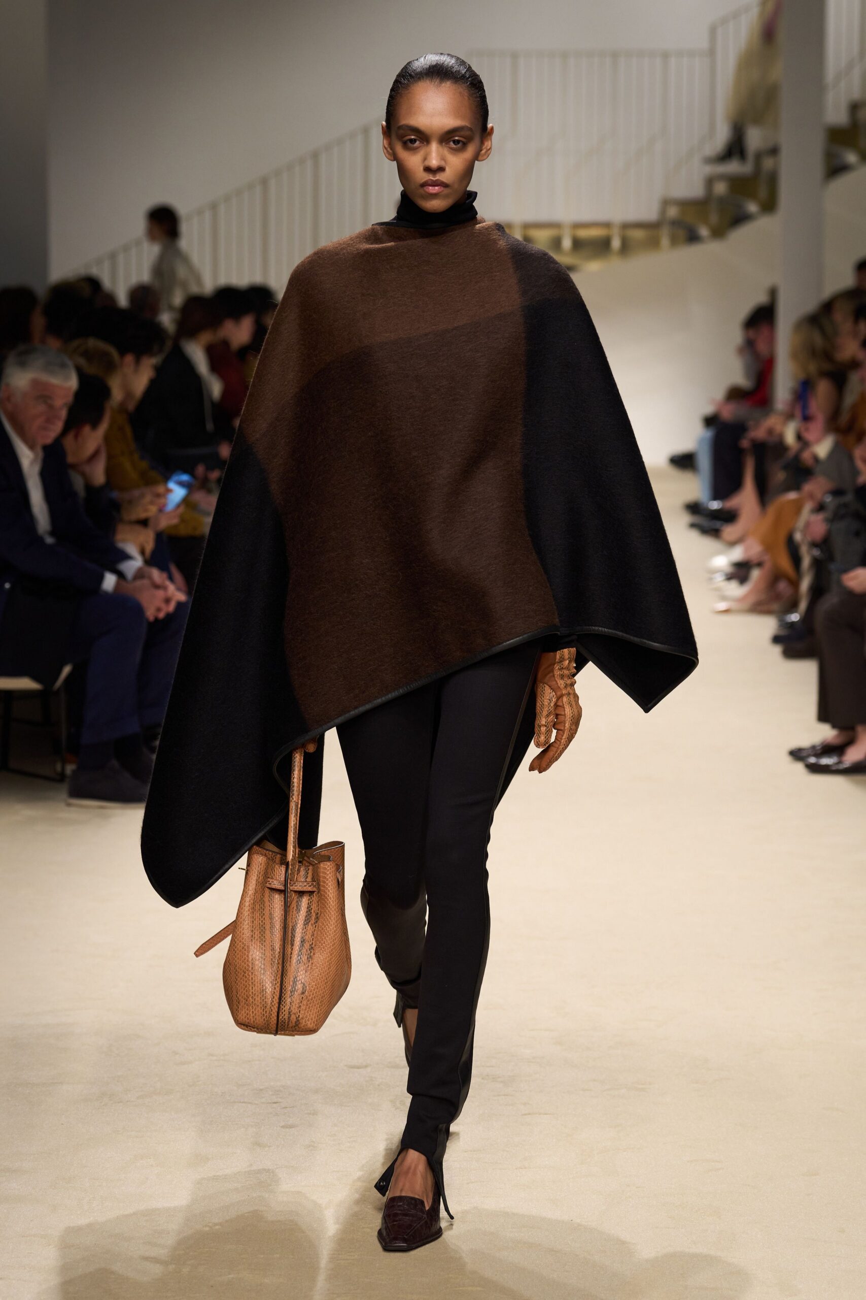 black wool long-sleeve high-neck relaxed layered poncho