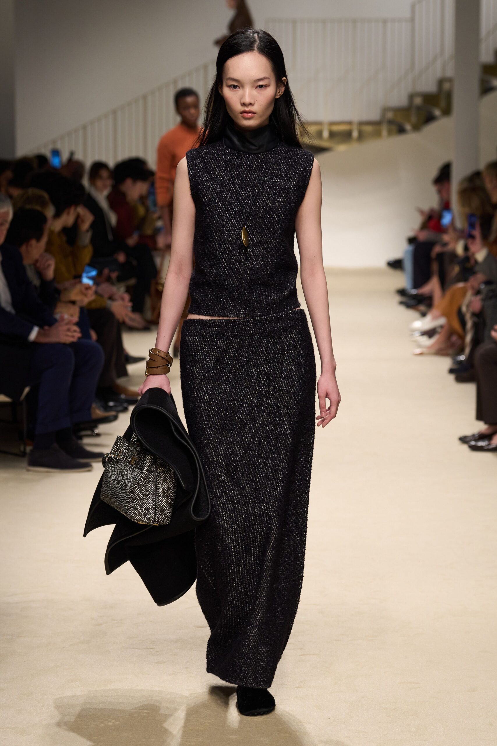 black wool fitted straight-leg textured maxi skirt