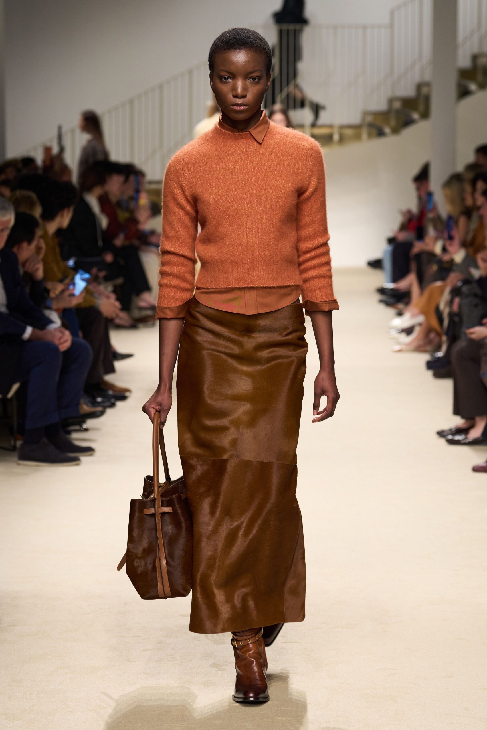 brown silk fitted straight-leg maxi skirt
