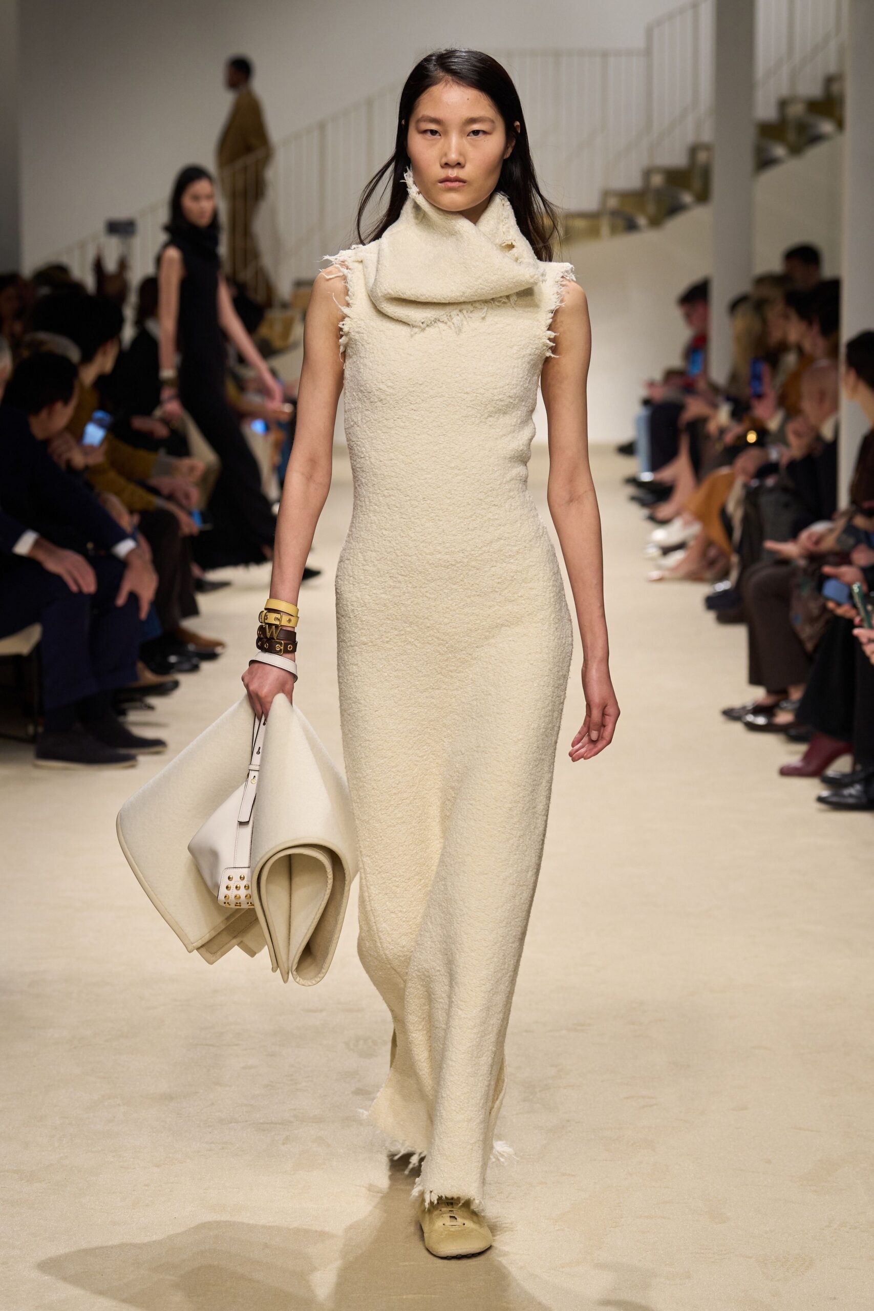 white wool sleeveless high-neck fitted fringed maxi dress