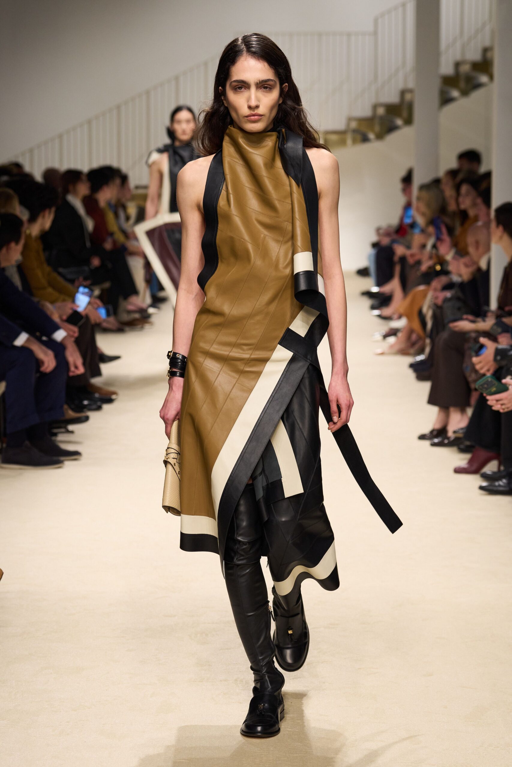brown leather sleeveless high-neck fitted color-blocked midi dress