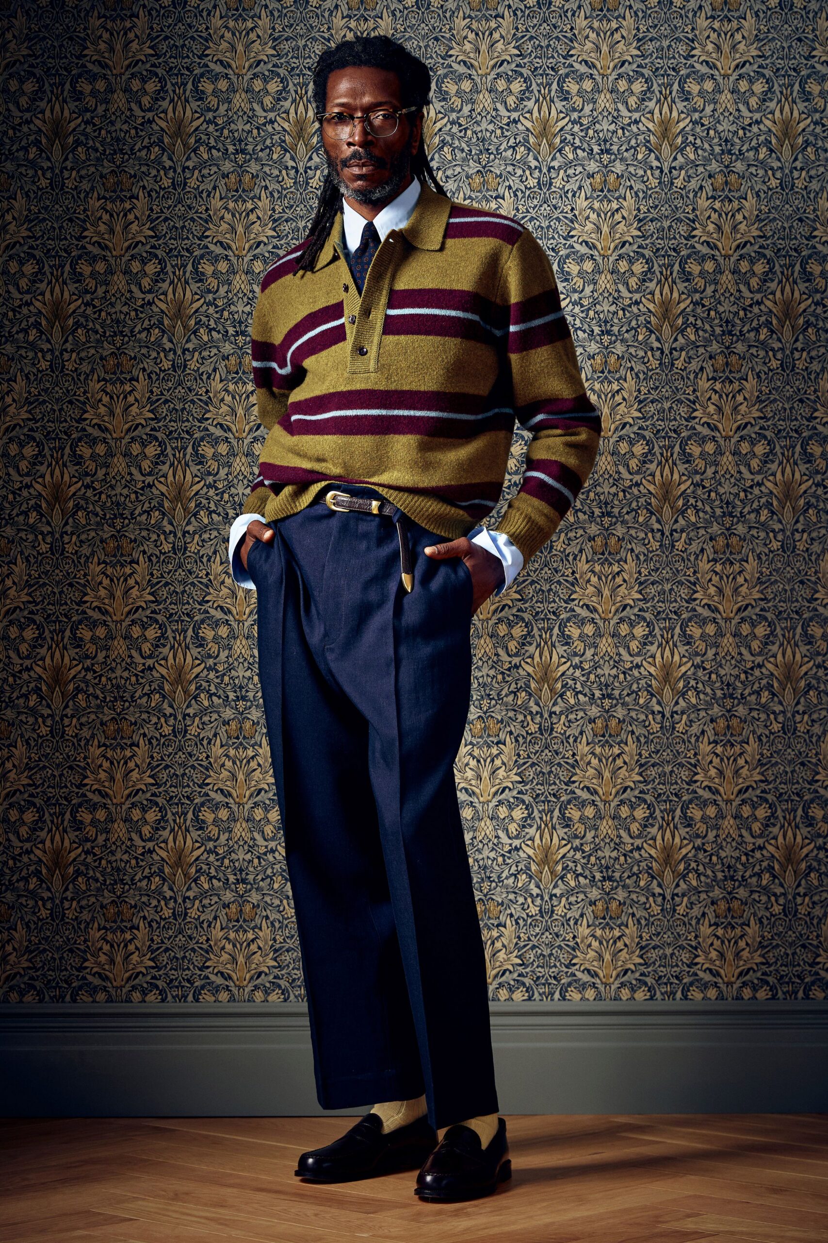 green wool long-sleeve collared relaxed striped sweater