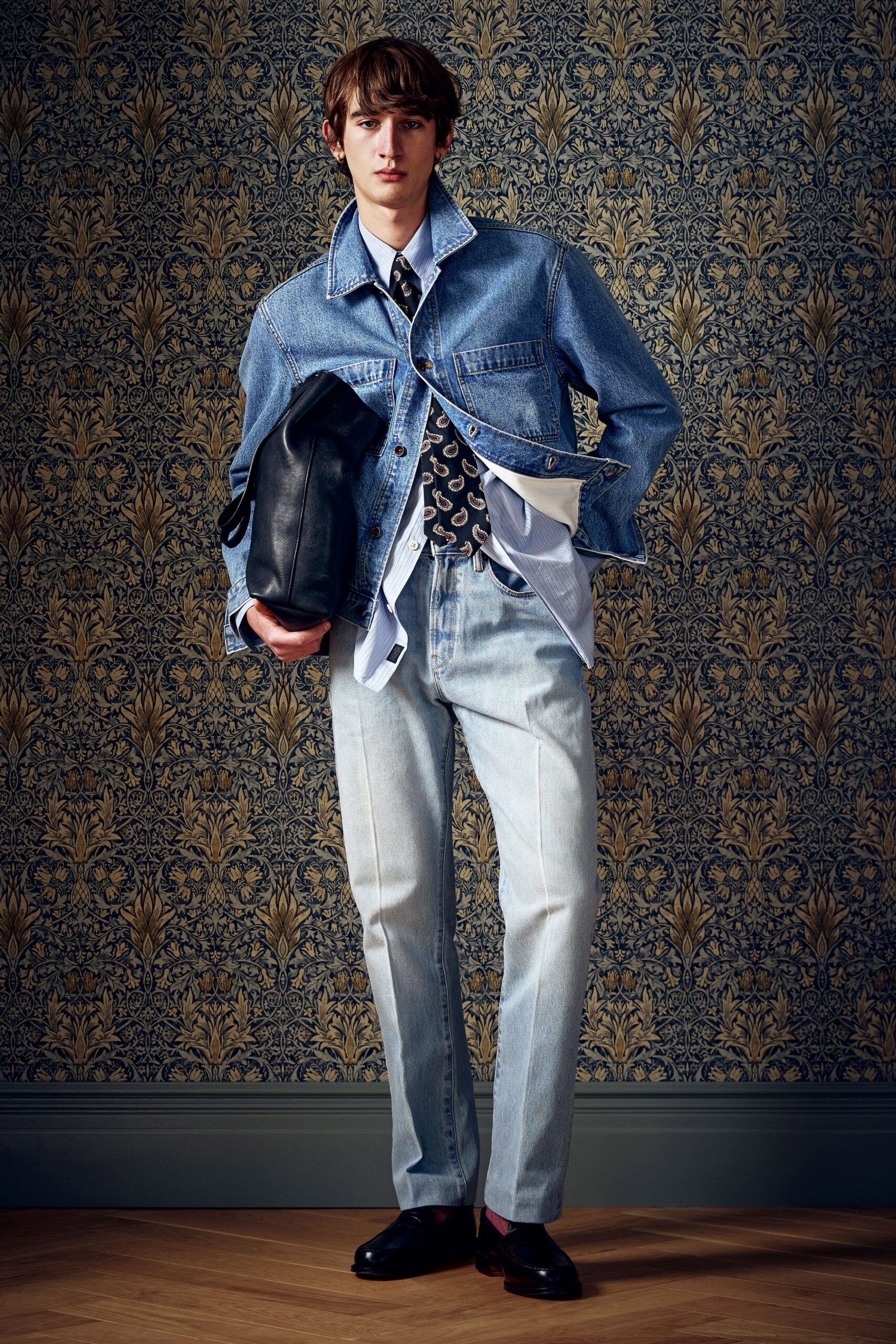 blue denim long-sleeve collared structured buttoned jacket