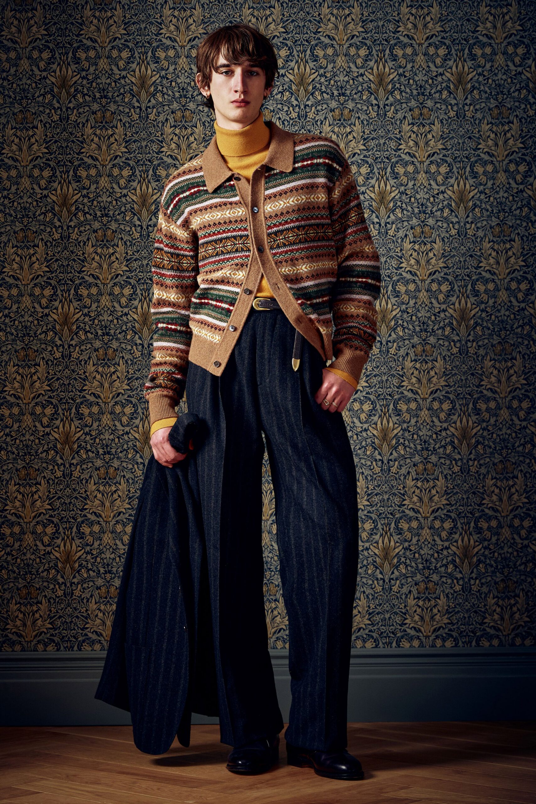 blue wool tailored wide-leg pants
