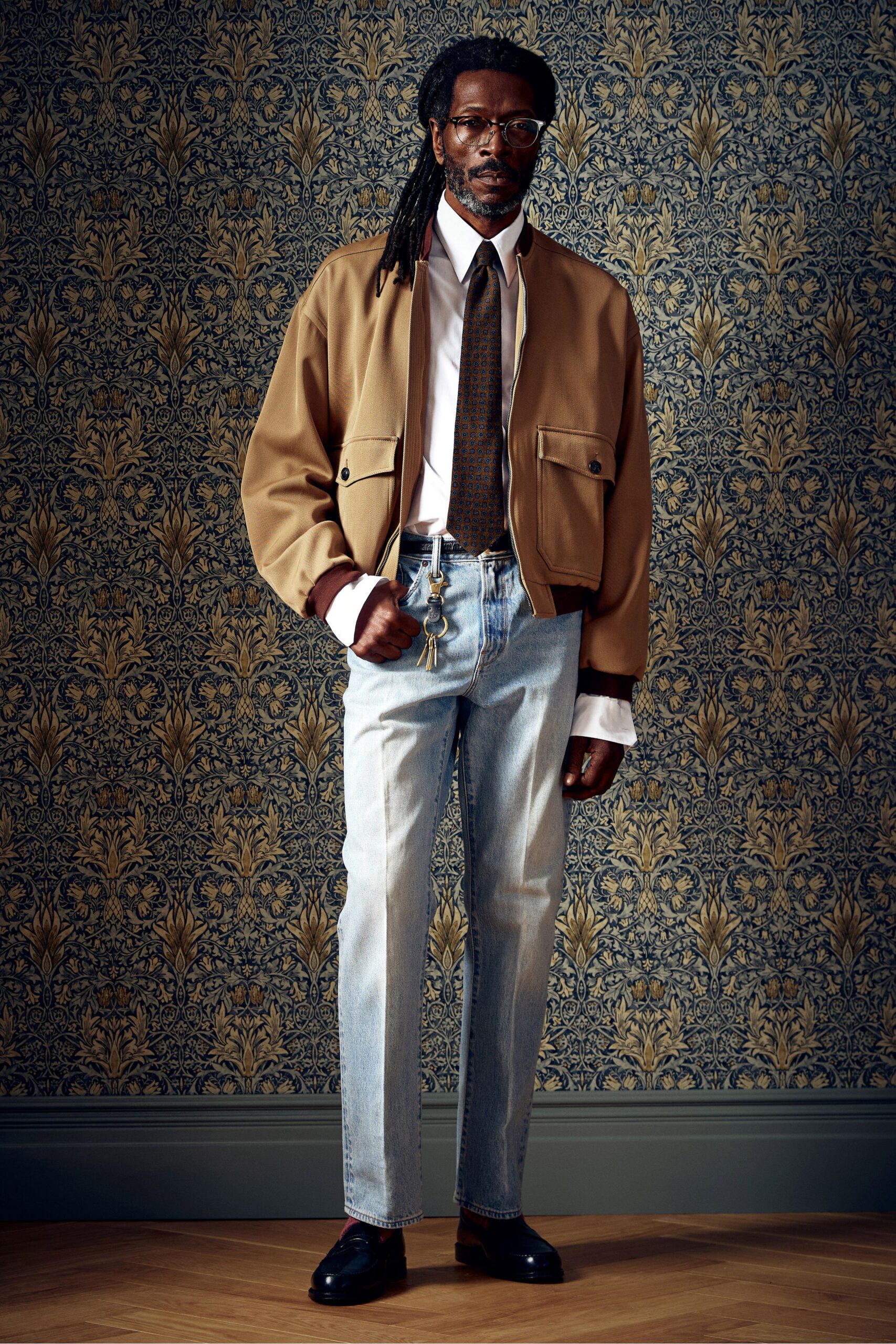 blue denim slim straight-leg pants