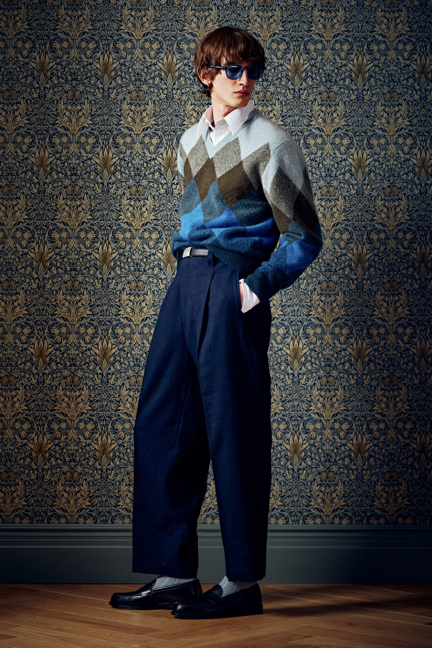 blue wool long-sleeve v-neck relaxed color-blocked sweater