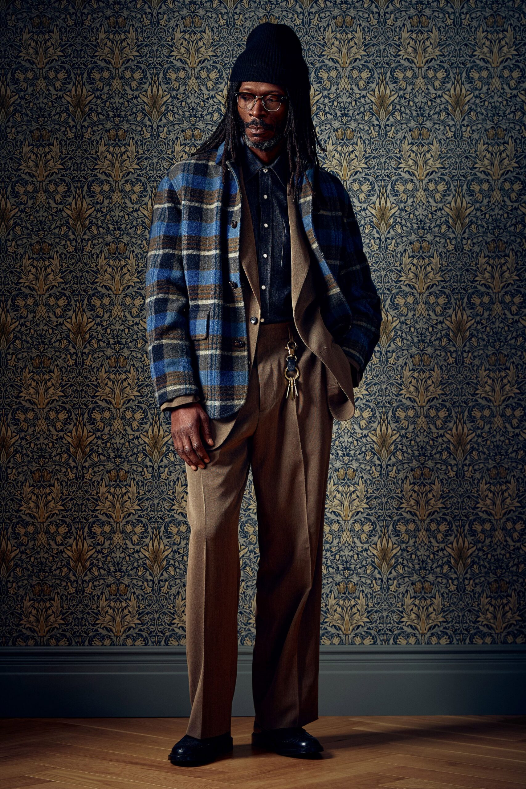 blue wool long-sleeve collared relaxed checked jacket