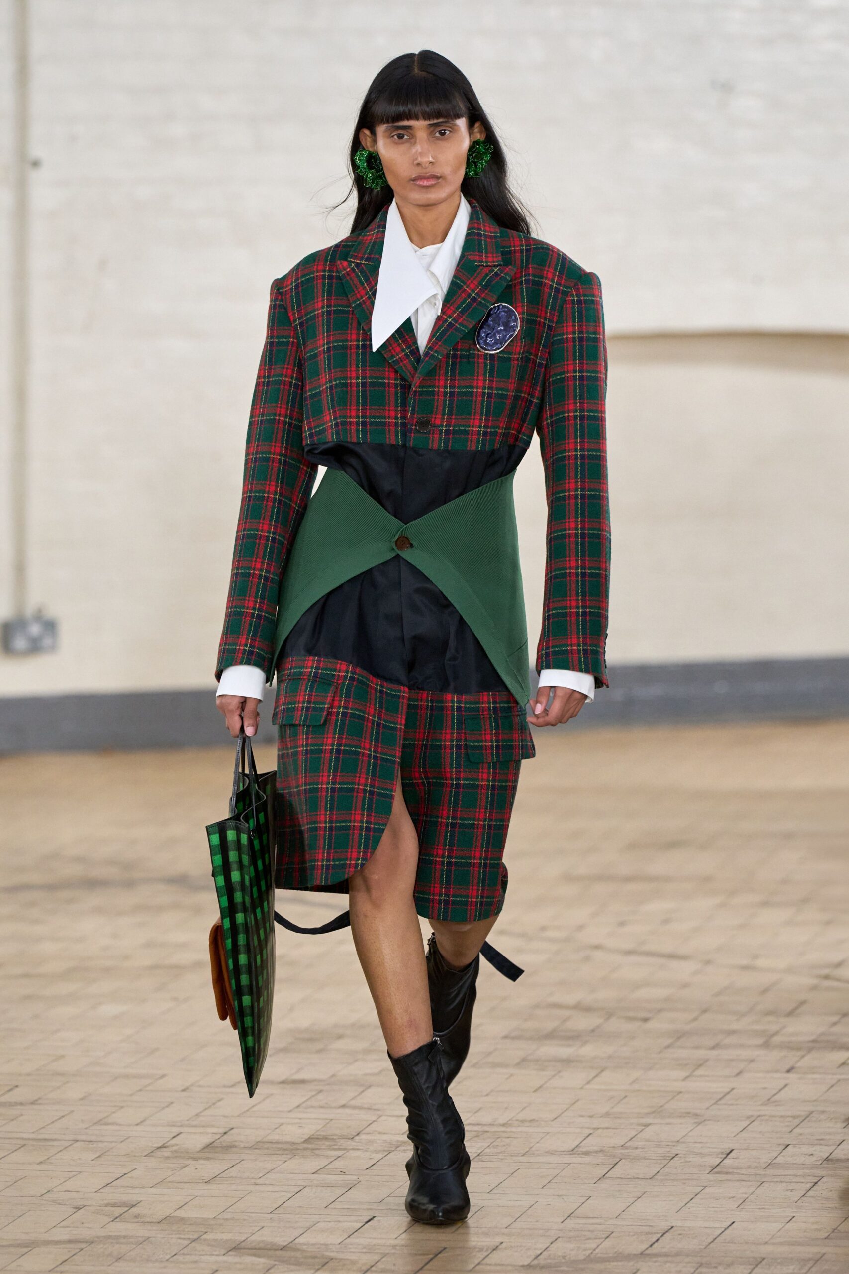 red cotton long-sleeve collared structured checked blazer