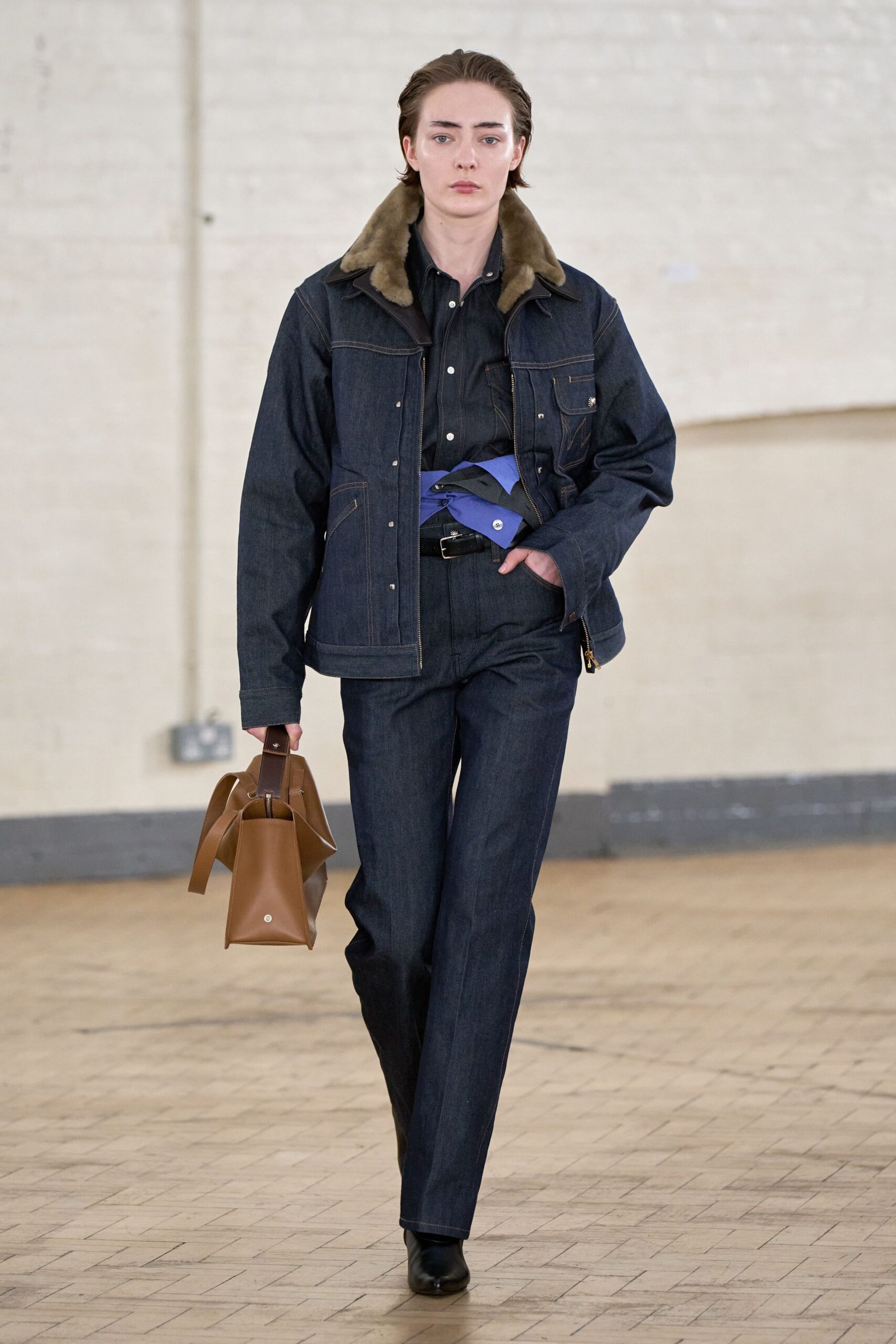 blue denim long-sleeve collared fitted buttoned jacket