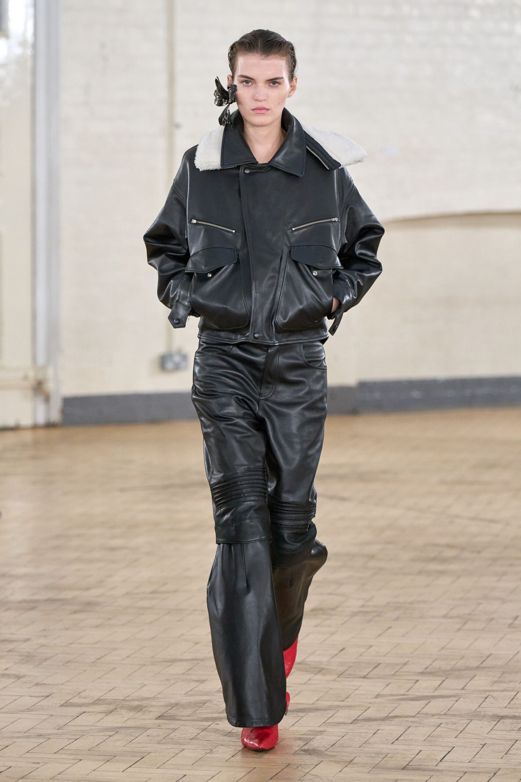 black leather fitted flared pants