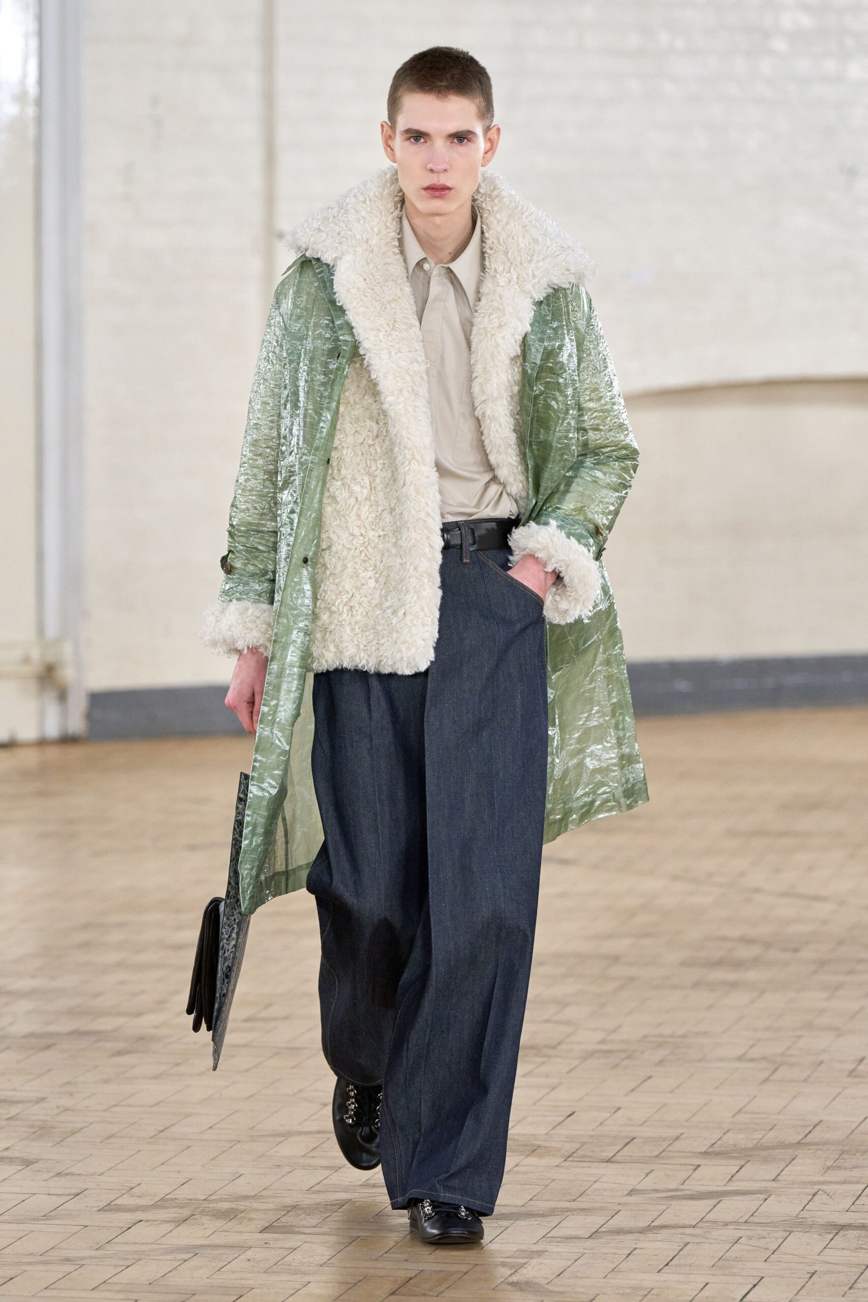 green vinyl long-sleeve collared relaxed layered shiny coat