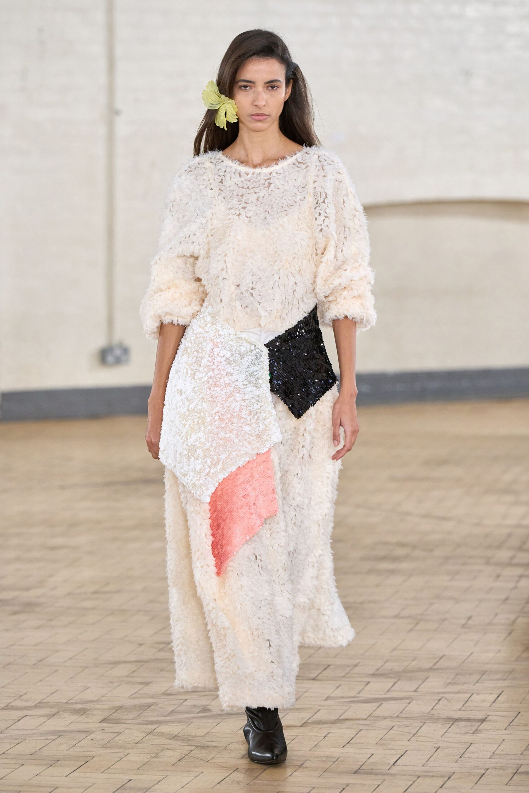 white sequin long-sleeve relaxed draped tiered textured dress
