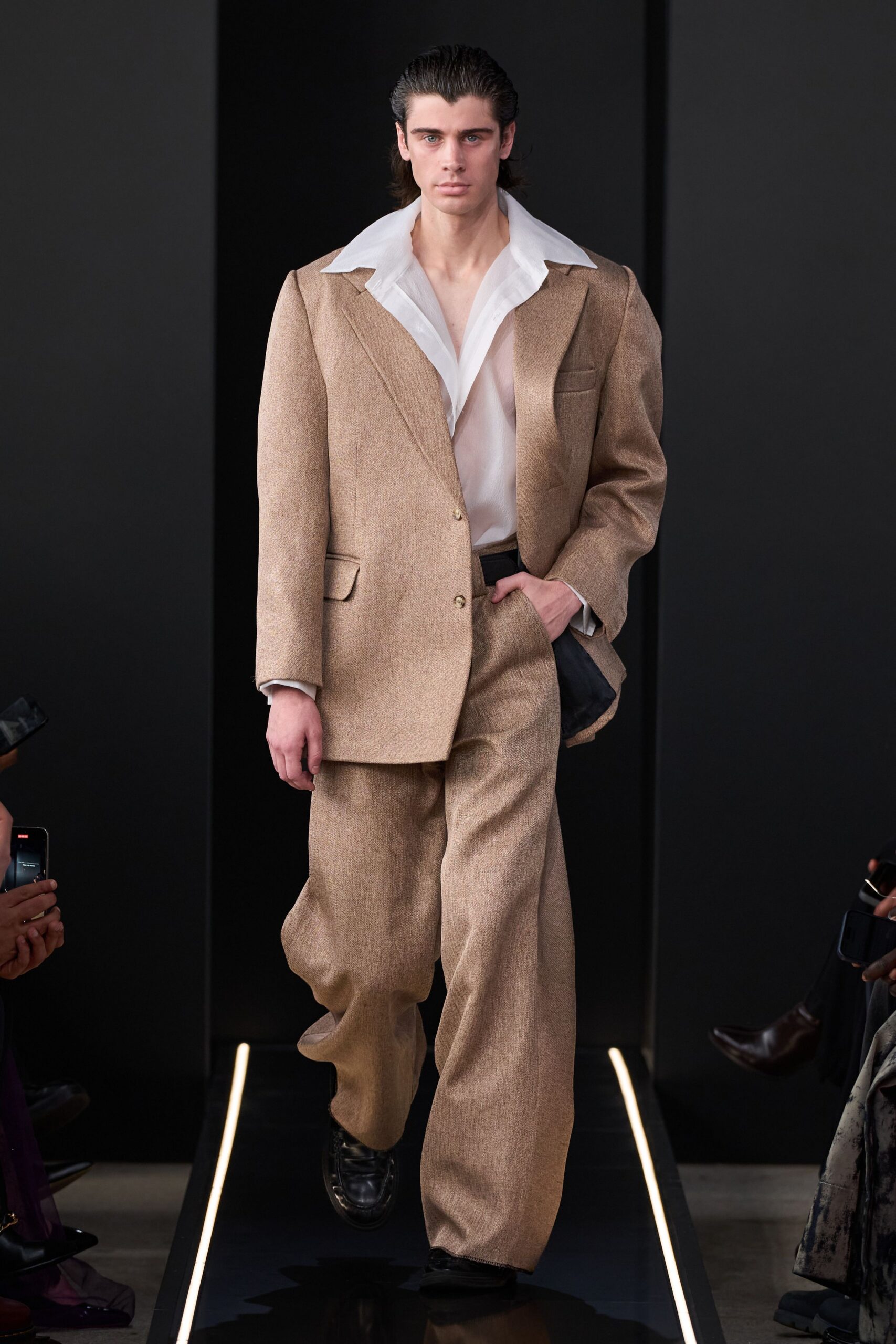 beige wool long-sleeve collared tailored buttoned wide-leg suit
