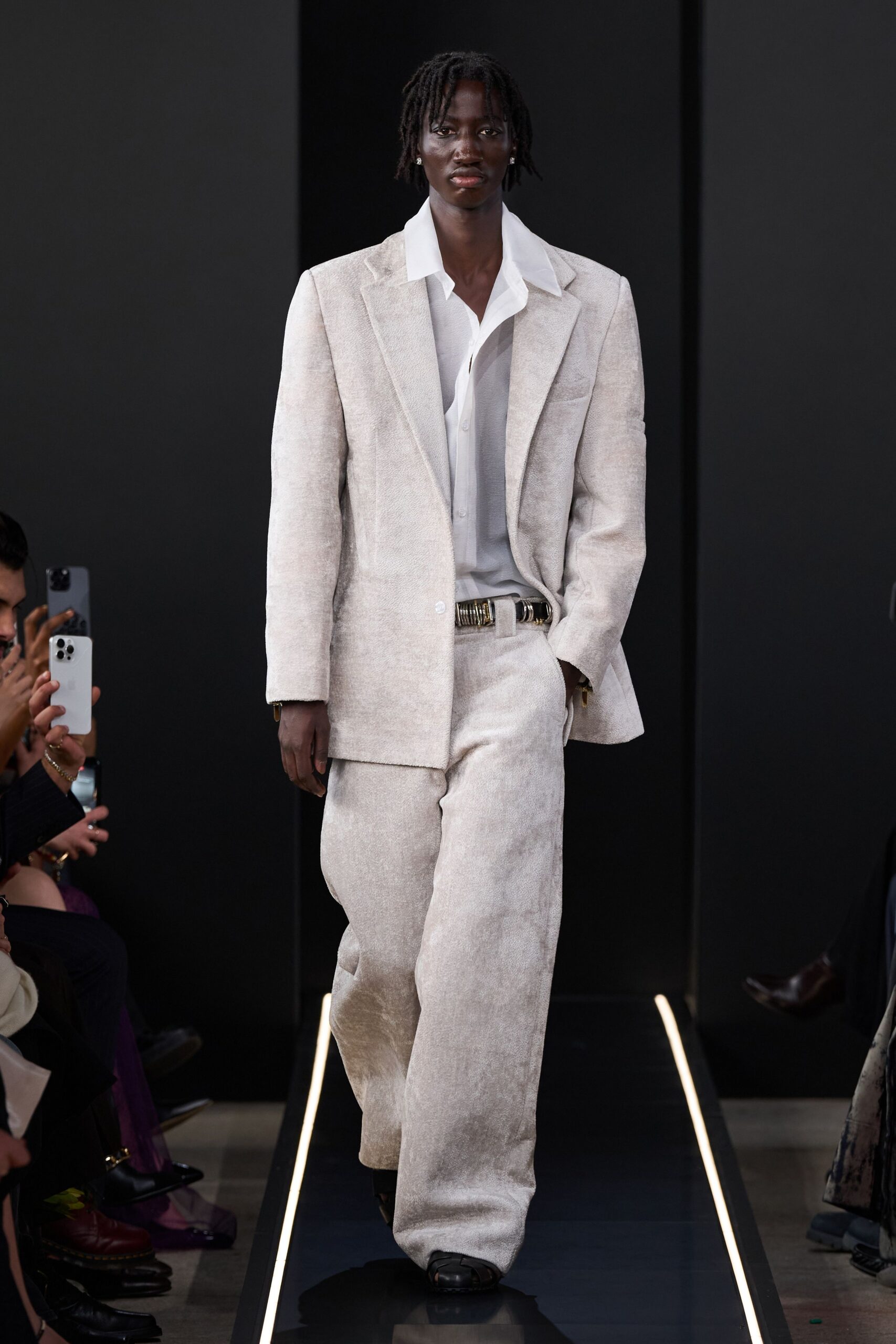 beige linen suit with white shirt