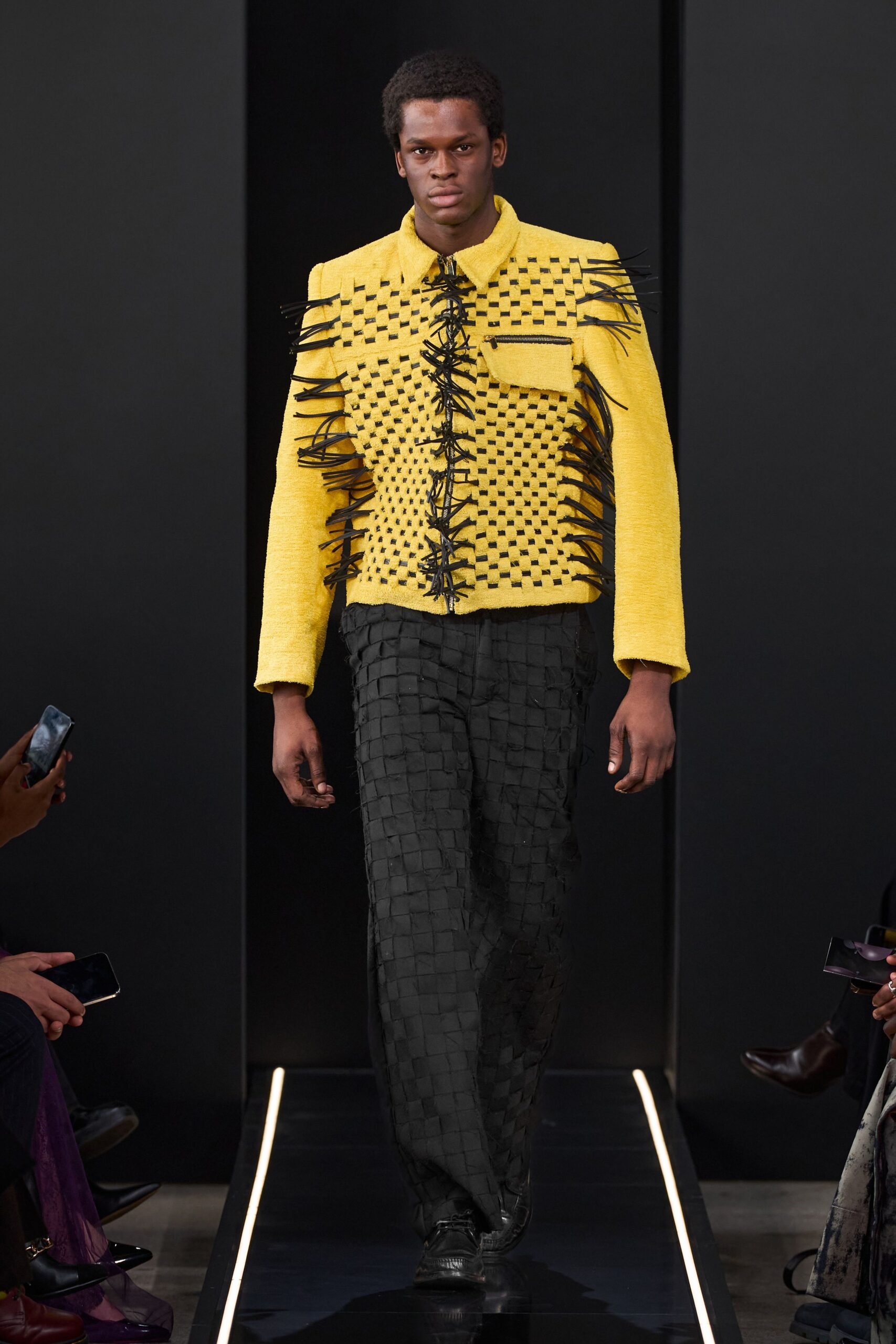 yellow cotton long-sleeve collared structured fringed buttoned jacket