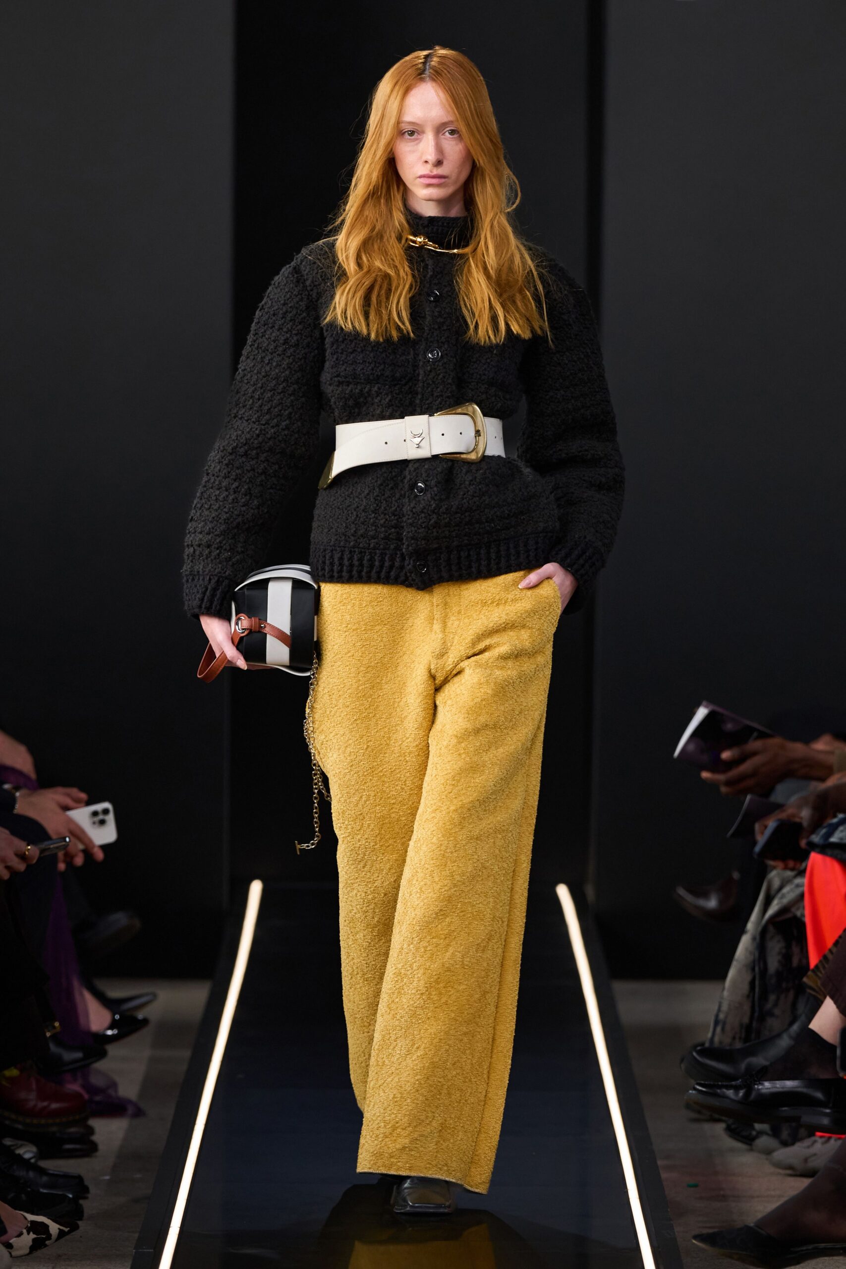 black wool jacket yellow pants