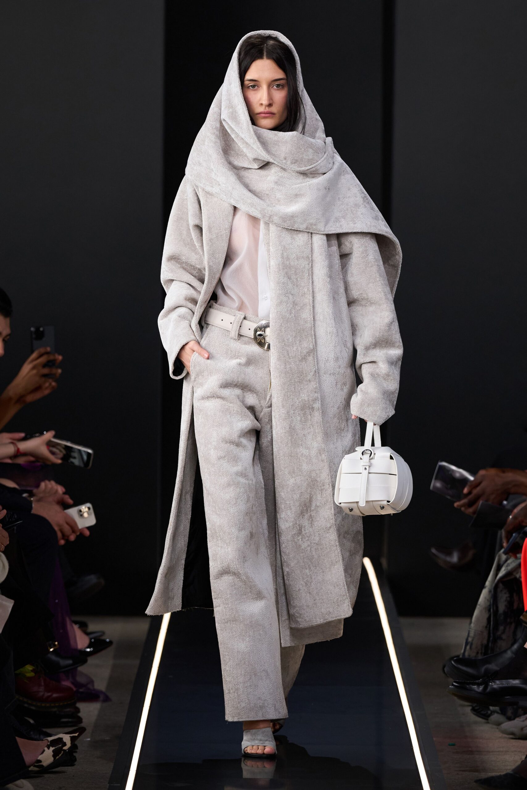 gray wool long-sleeve collared relaxed layered coat