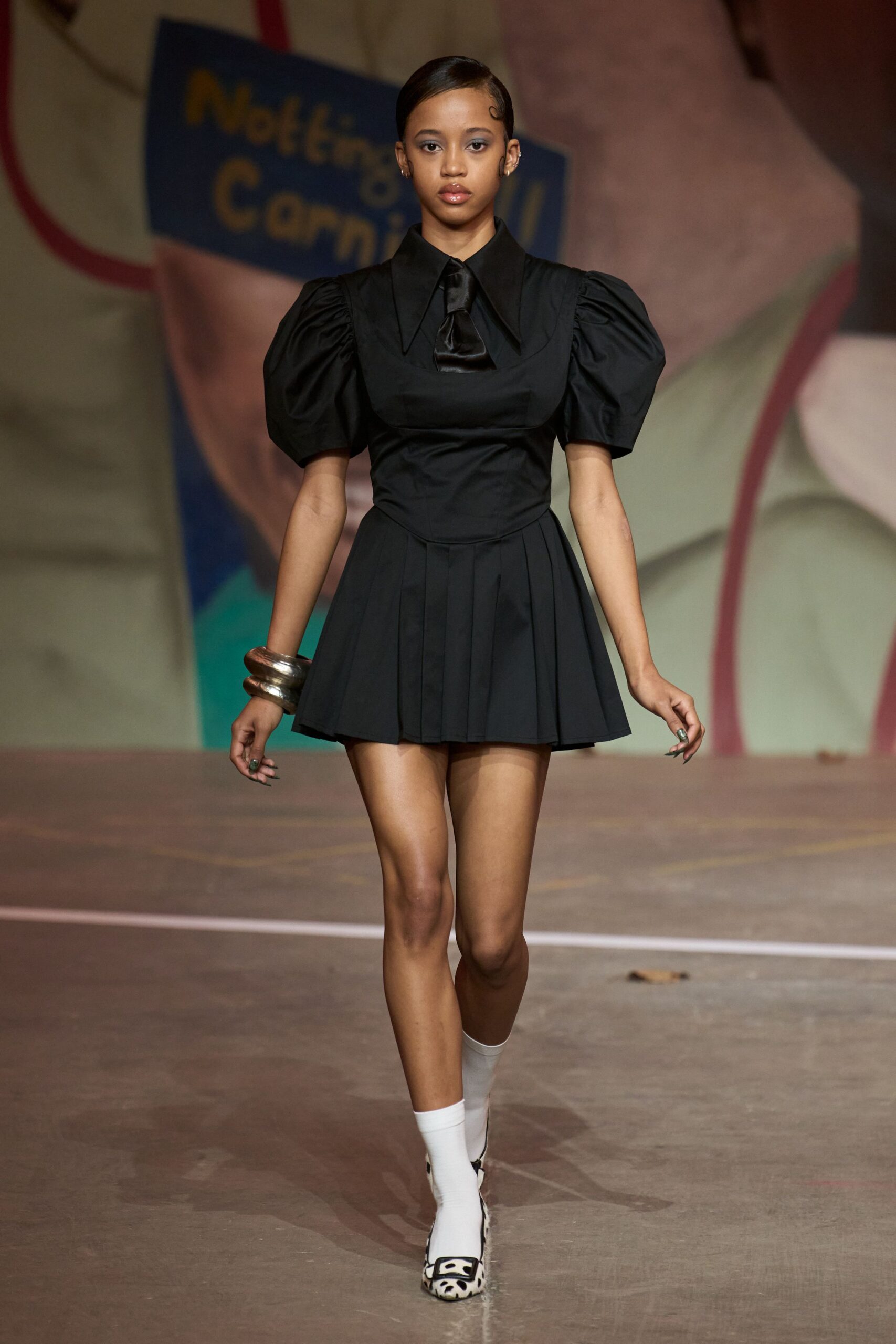 black cotton short-sleeve collared fitted pleated mini dress