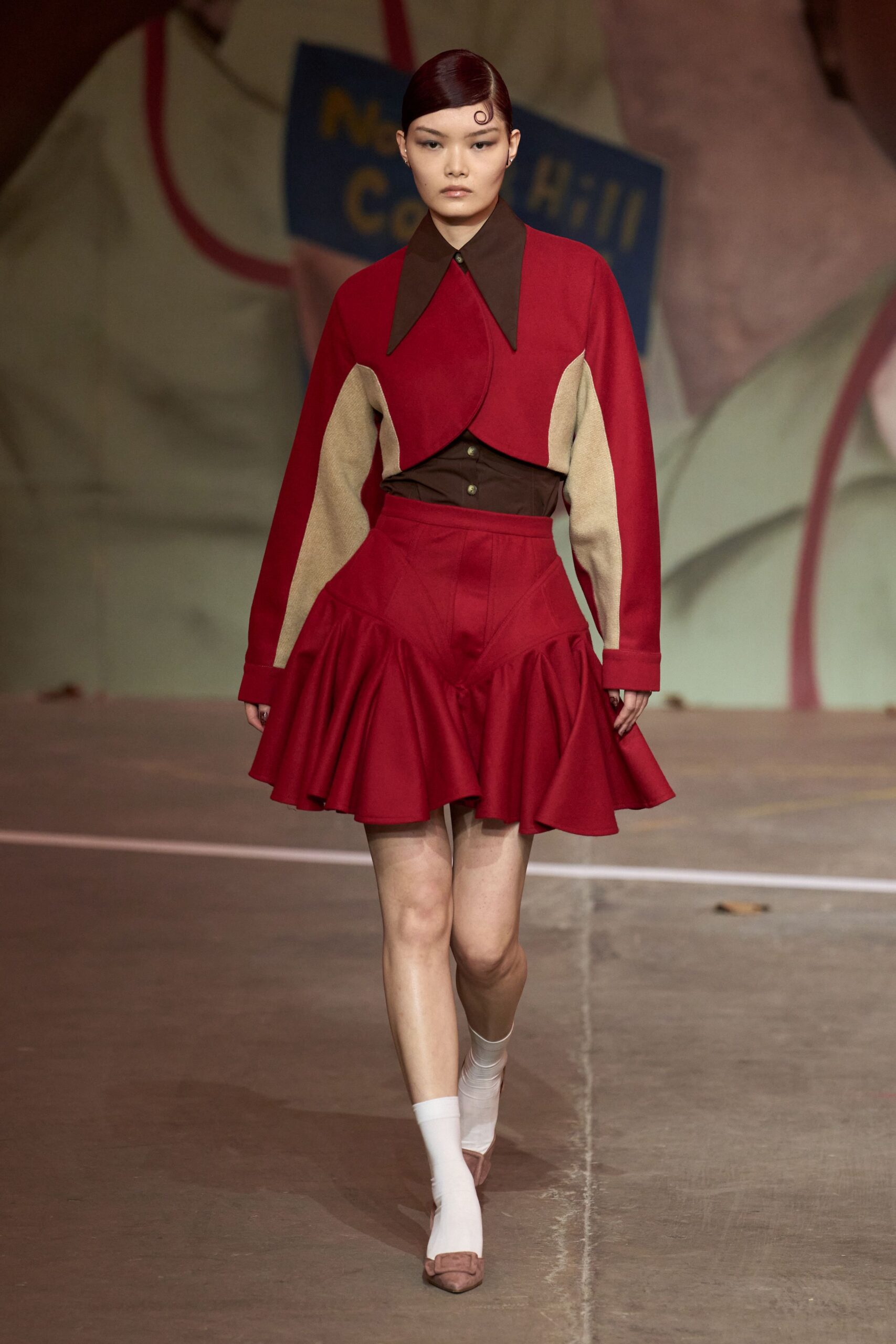 red cotton fitted high-waisted flared pleated mini skirt