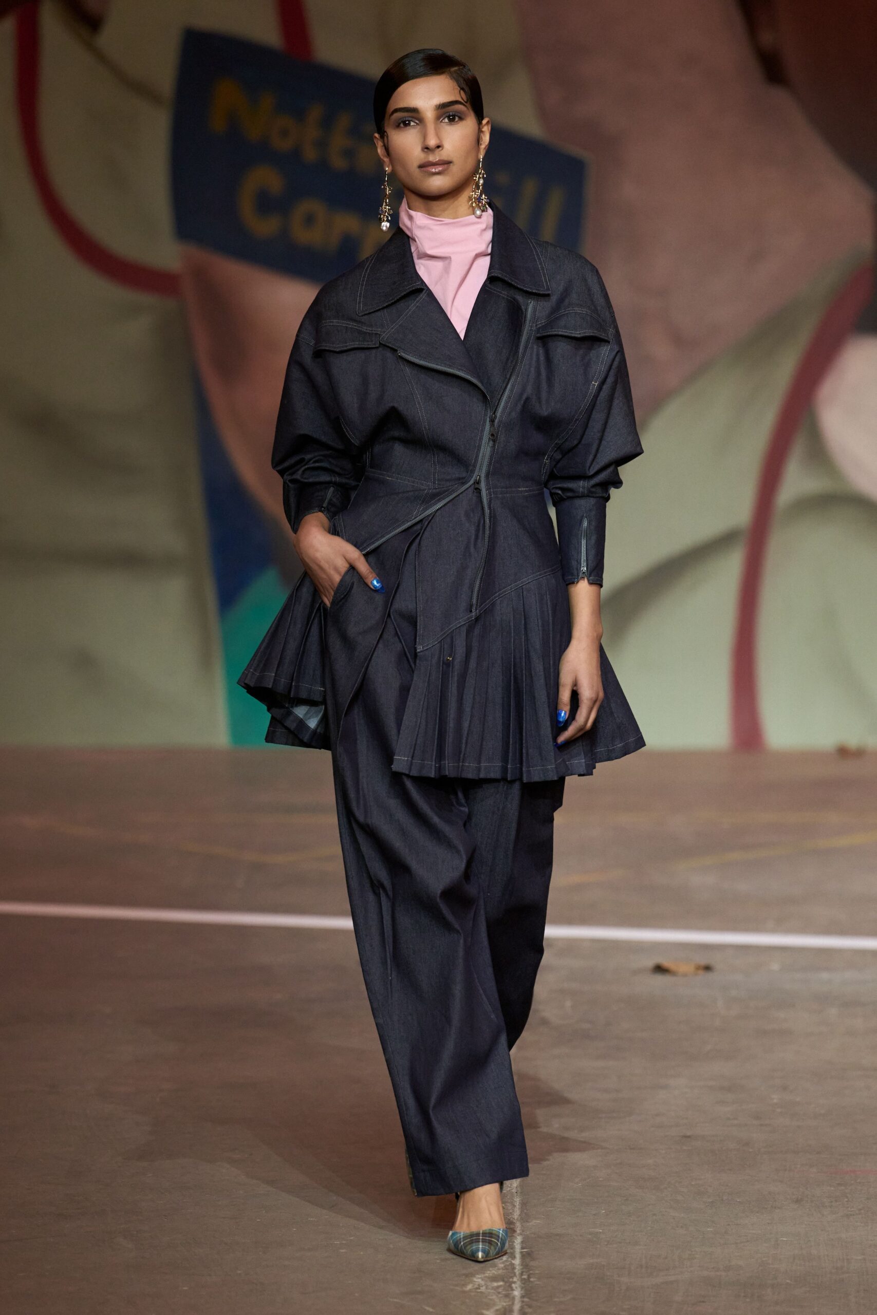 blue denim long-sleeve collared relaxed zippered pleated jacket