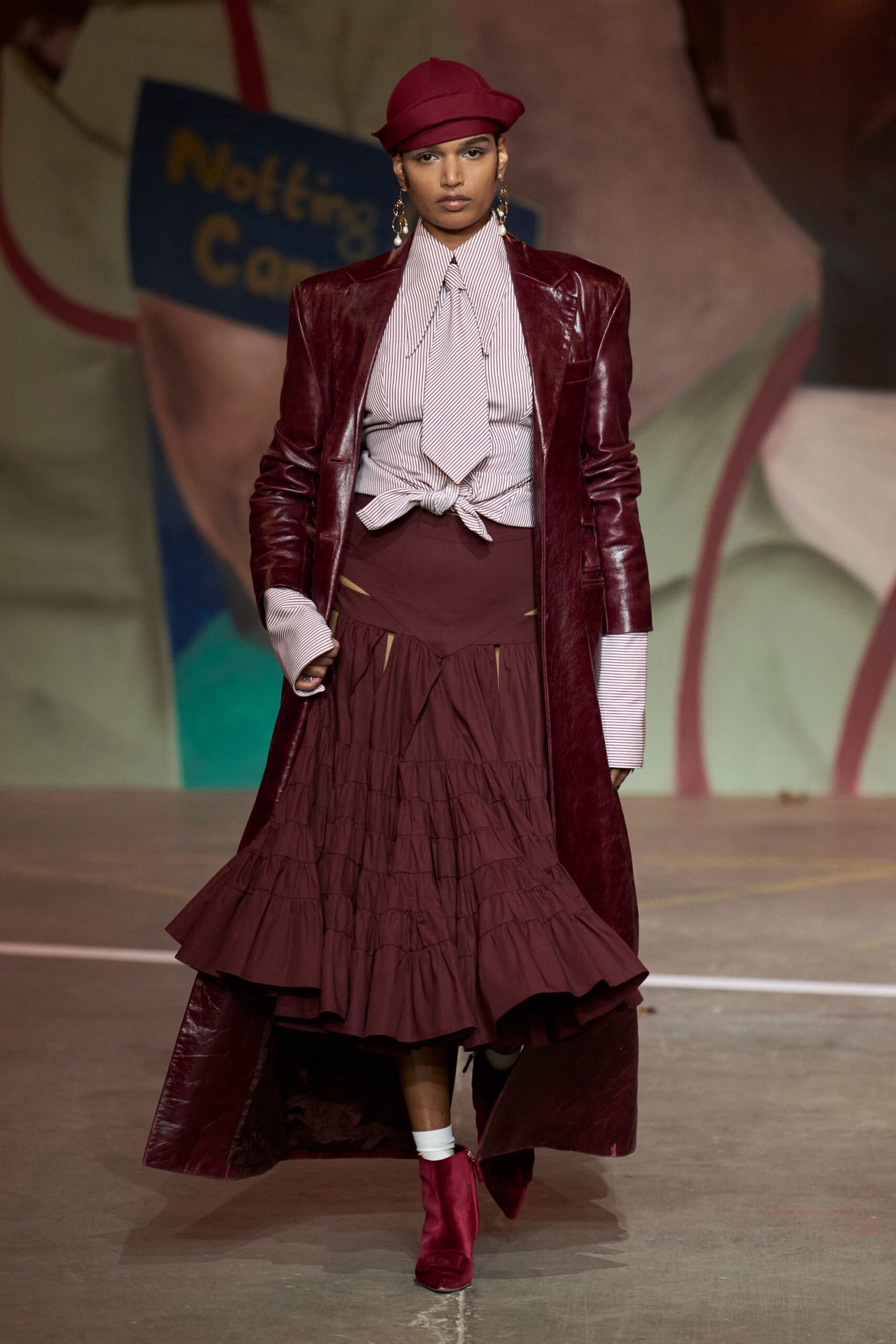maroon leather long-sleeve collared fitted buttoned maxi coat
