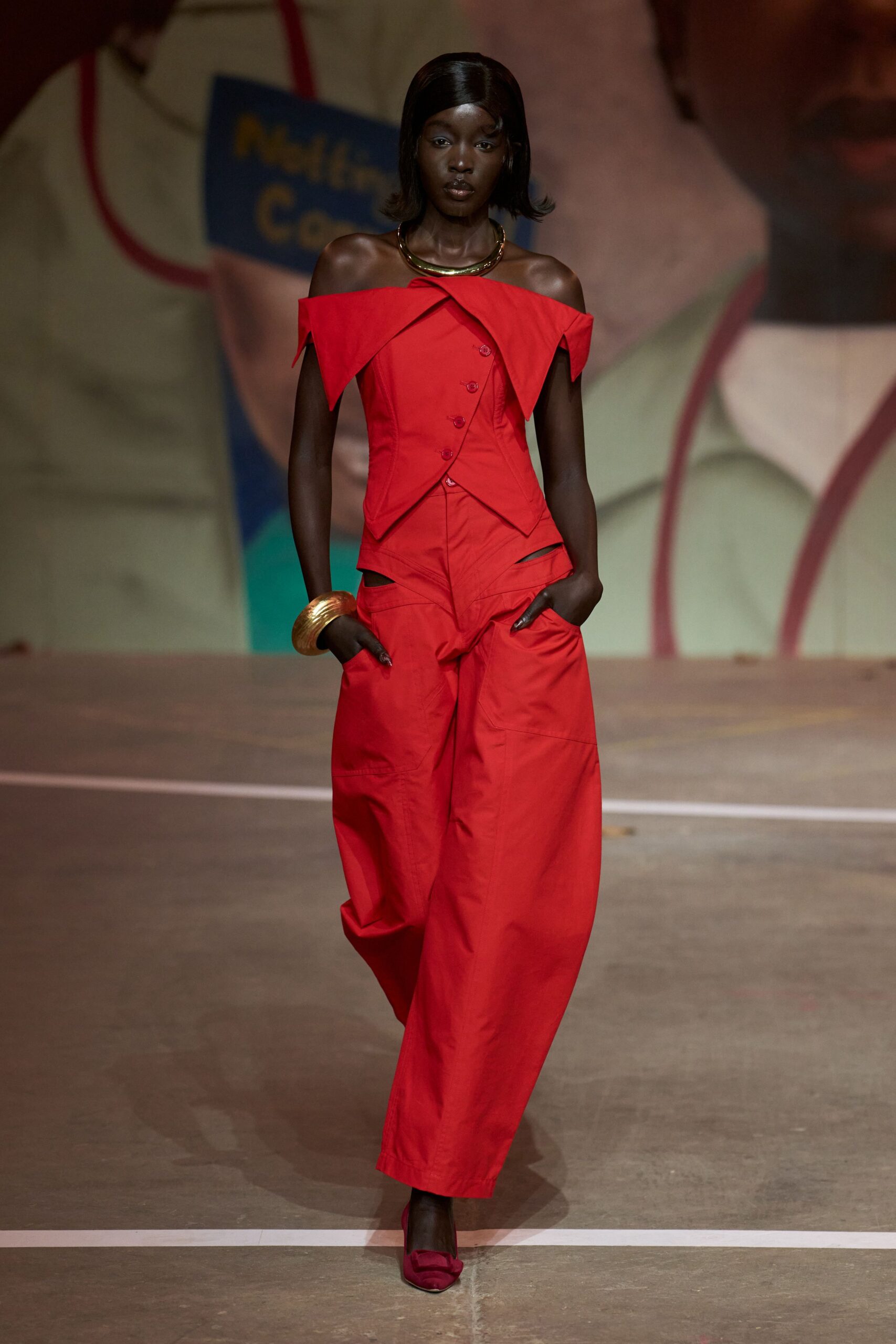 red cotton off-shoulder collared fitted zippered pockets jumpsuit