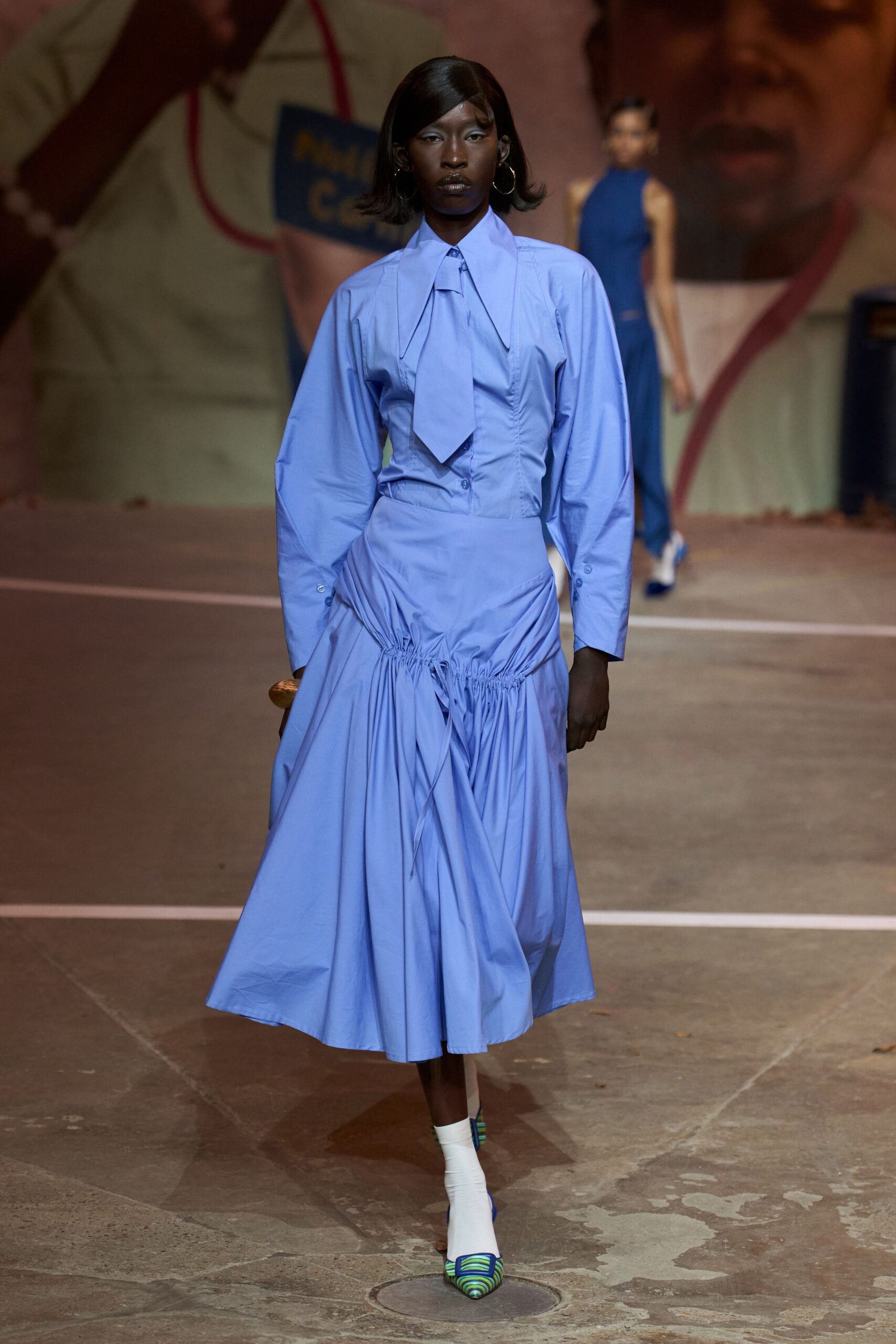 blue cotton long-sleeve collared fitted pleated draped dress