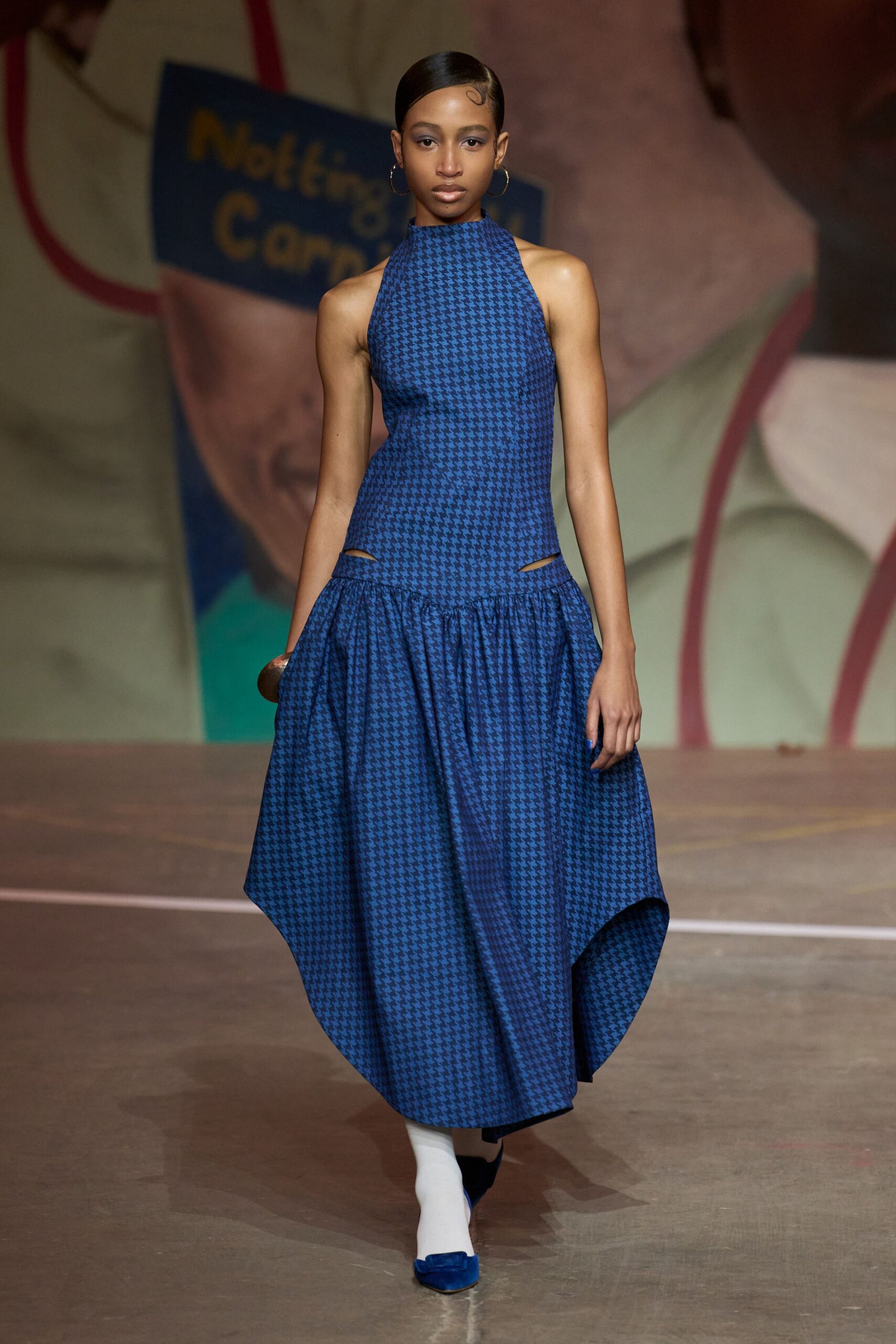 blue cotton sleeveless high-neck fitted pleated midi dress