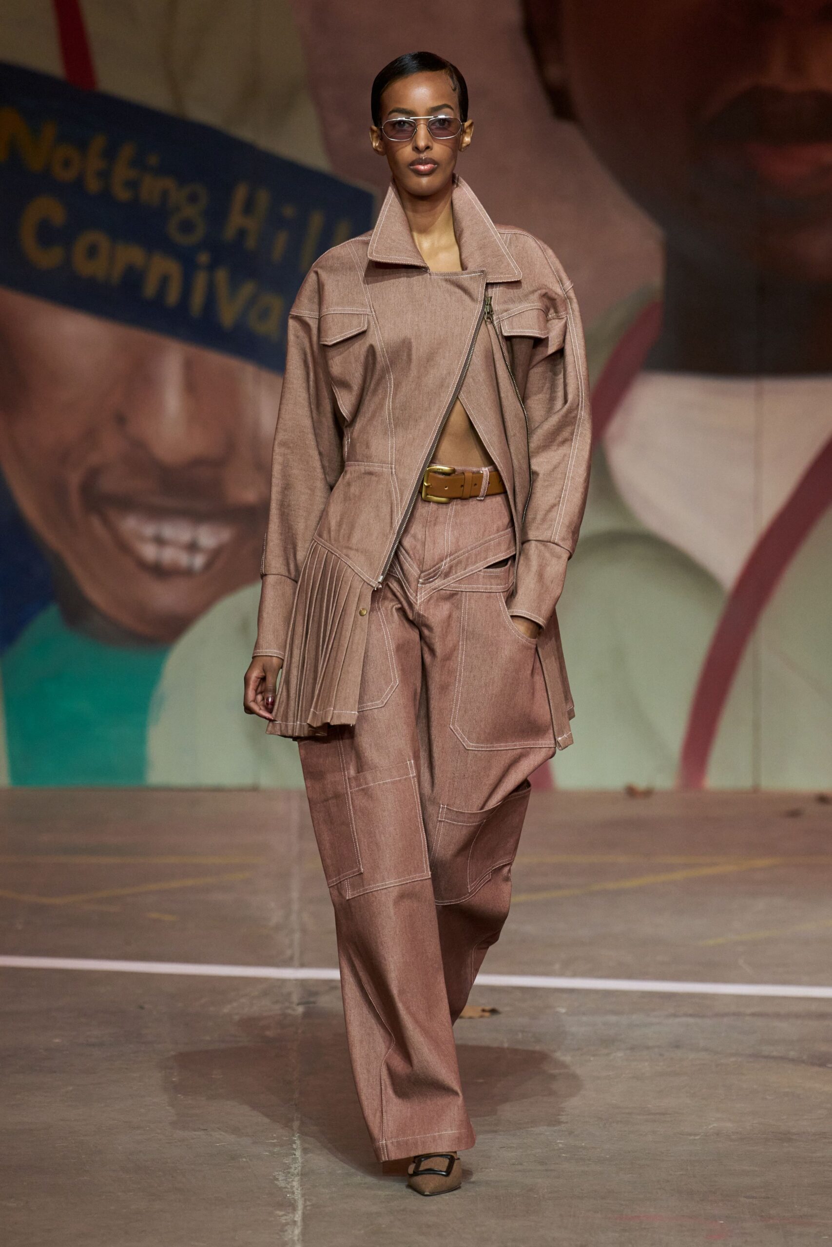 beige denim long-sleeve collared relaxed pleated jacket