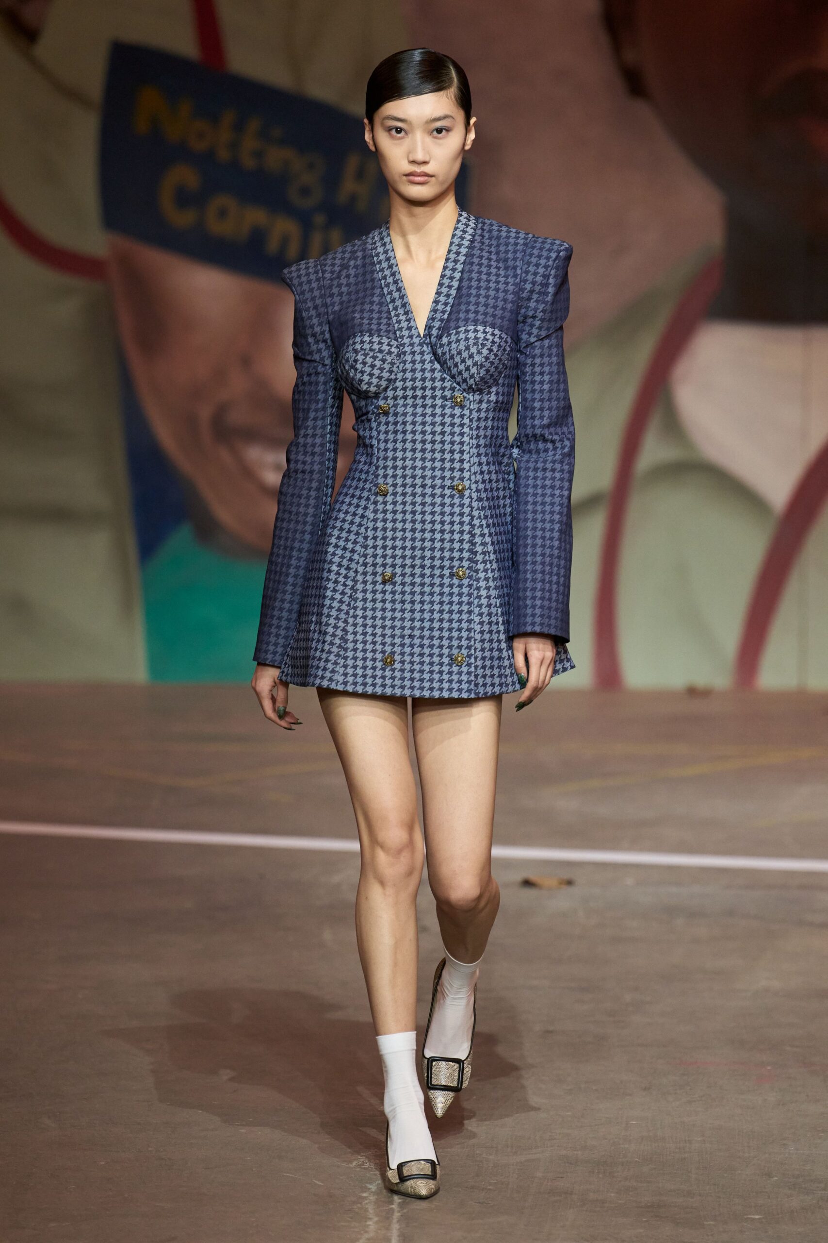 blue cotton long-sleeve collared tailored checked short blazer