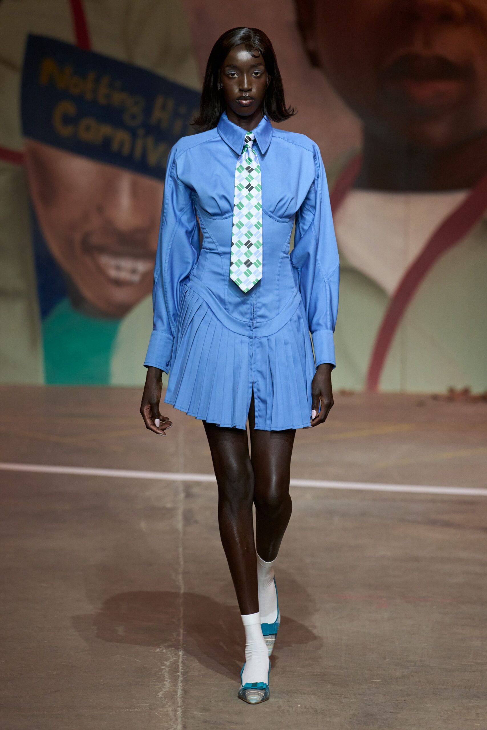 blue cotton long-sleeve collared fitted pleated mini dress