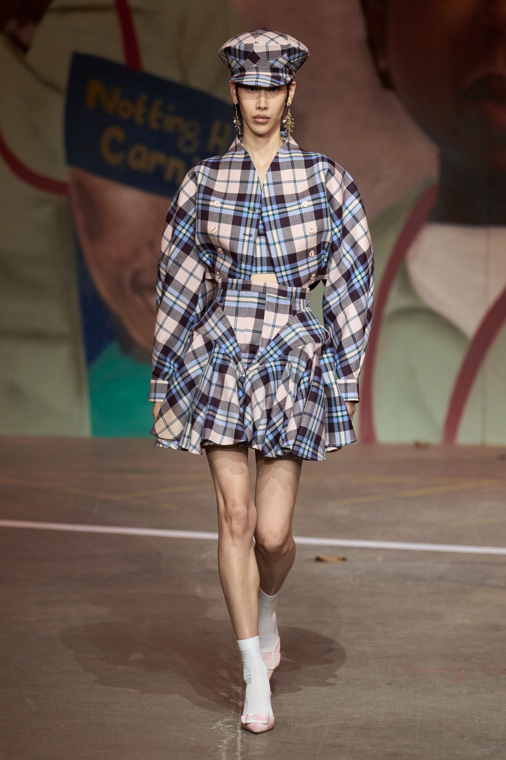 blue cotton long-sleeve collared fitted checked pleated dress