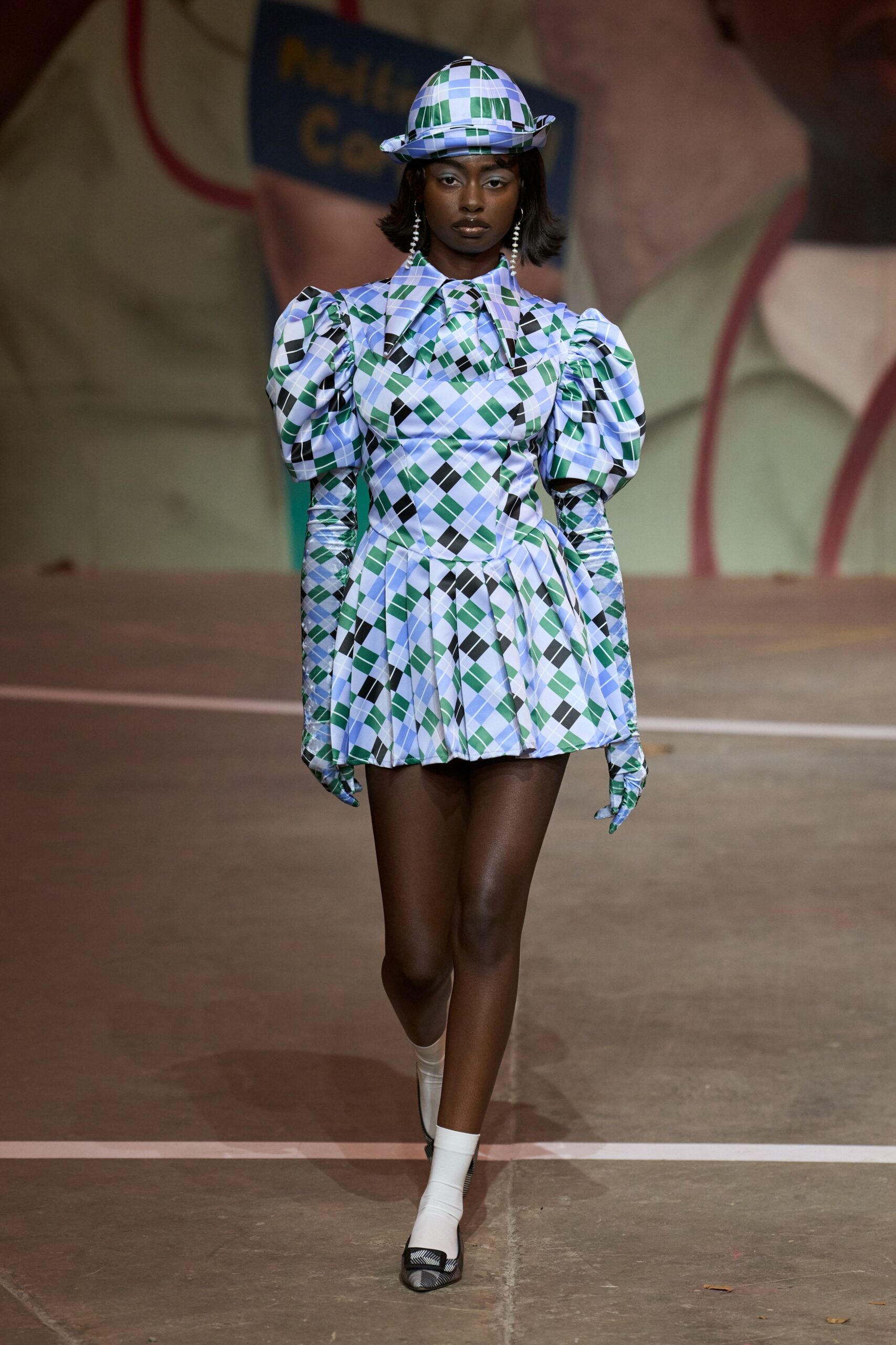 blue cotton long-sleeve collared fitted pleated printed dress
