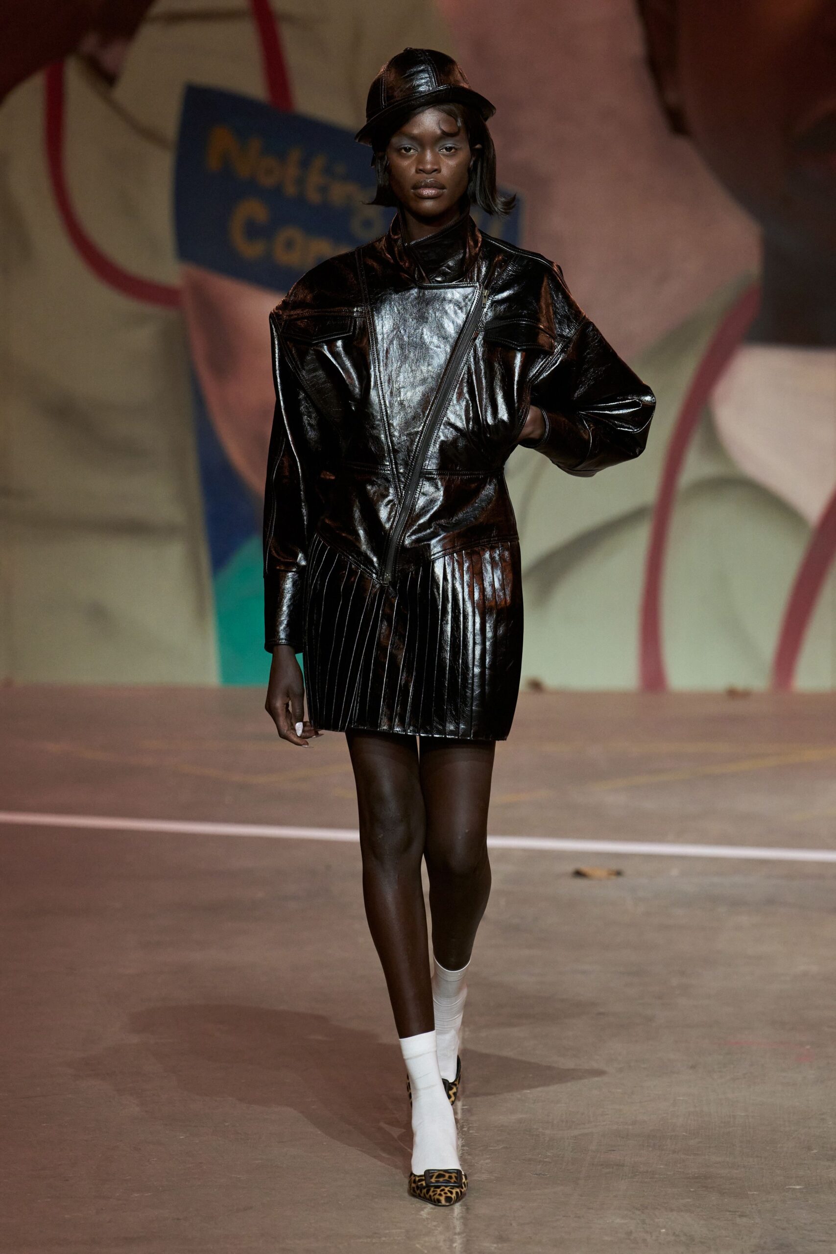 black leather long-sleeve collared fitted pleated shiny dress
