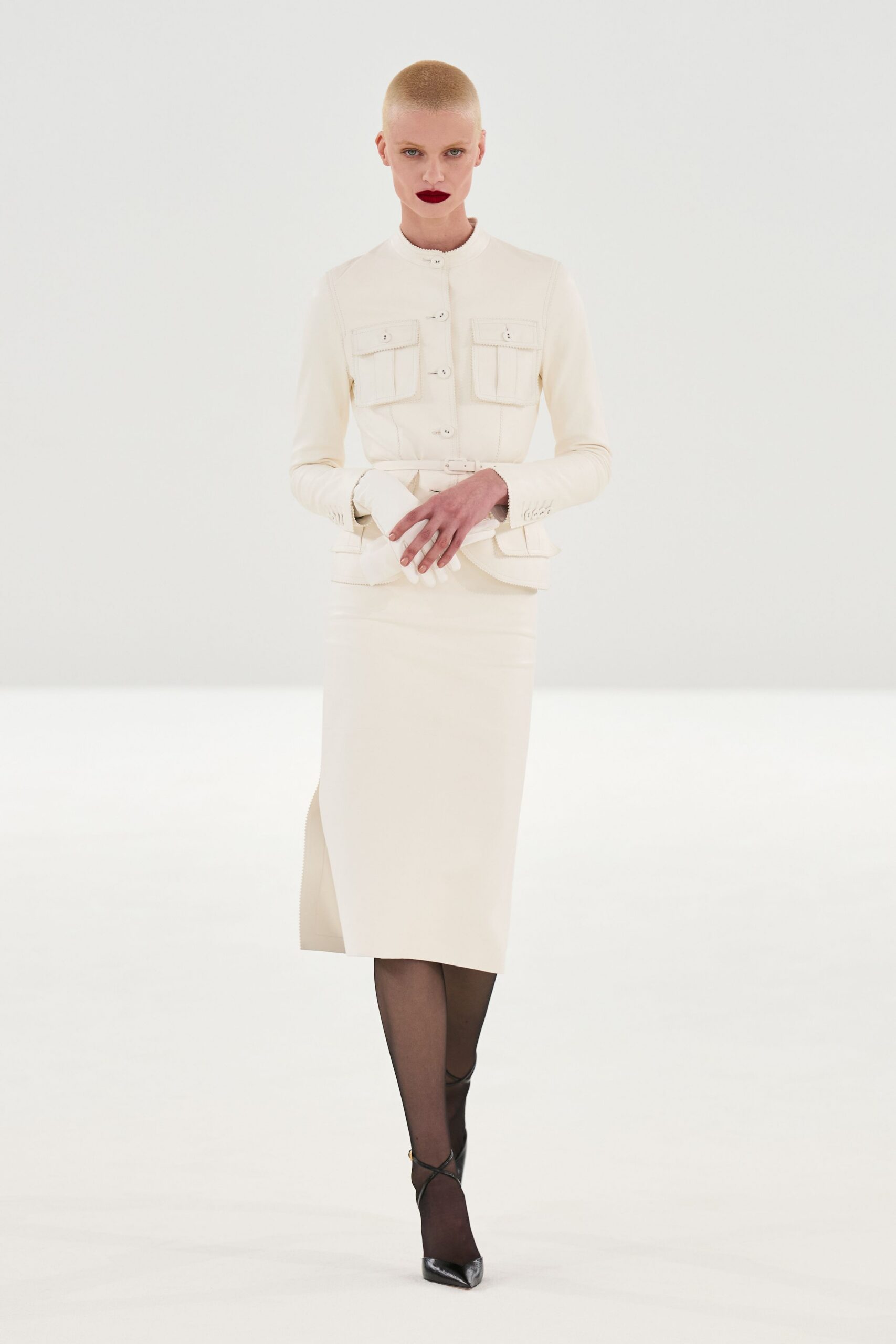white cotton slit fitted midi skirt