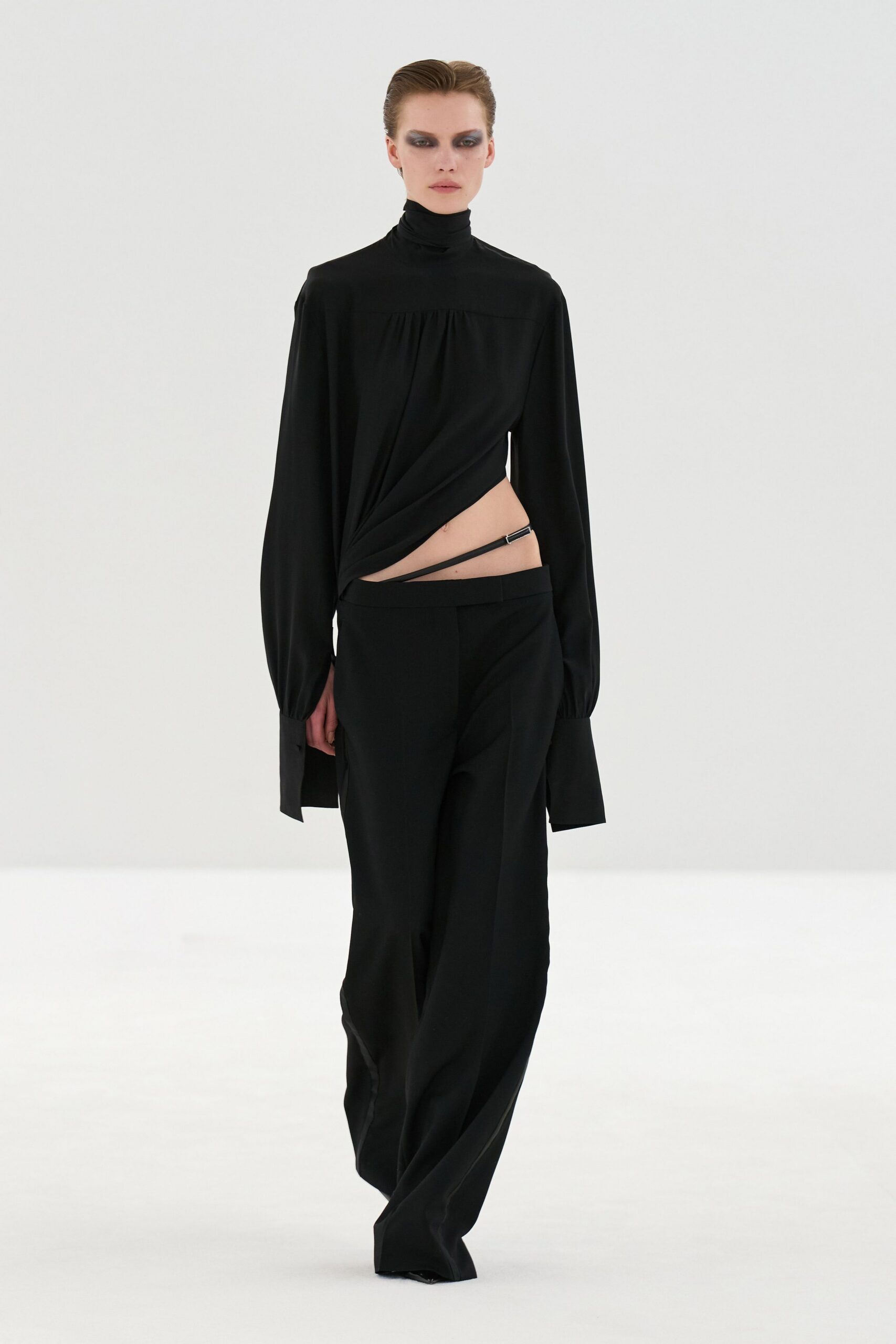 black silk long-sleeve turtleneck relaxed draped top