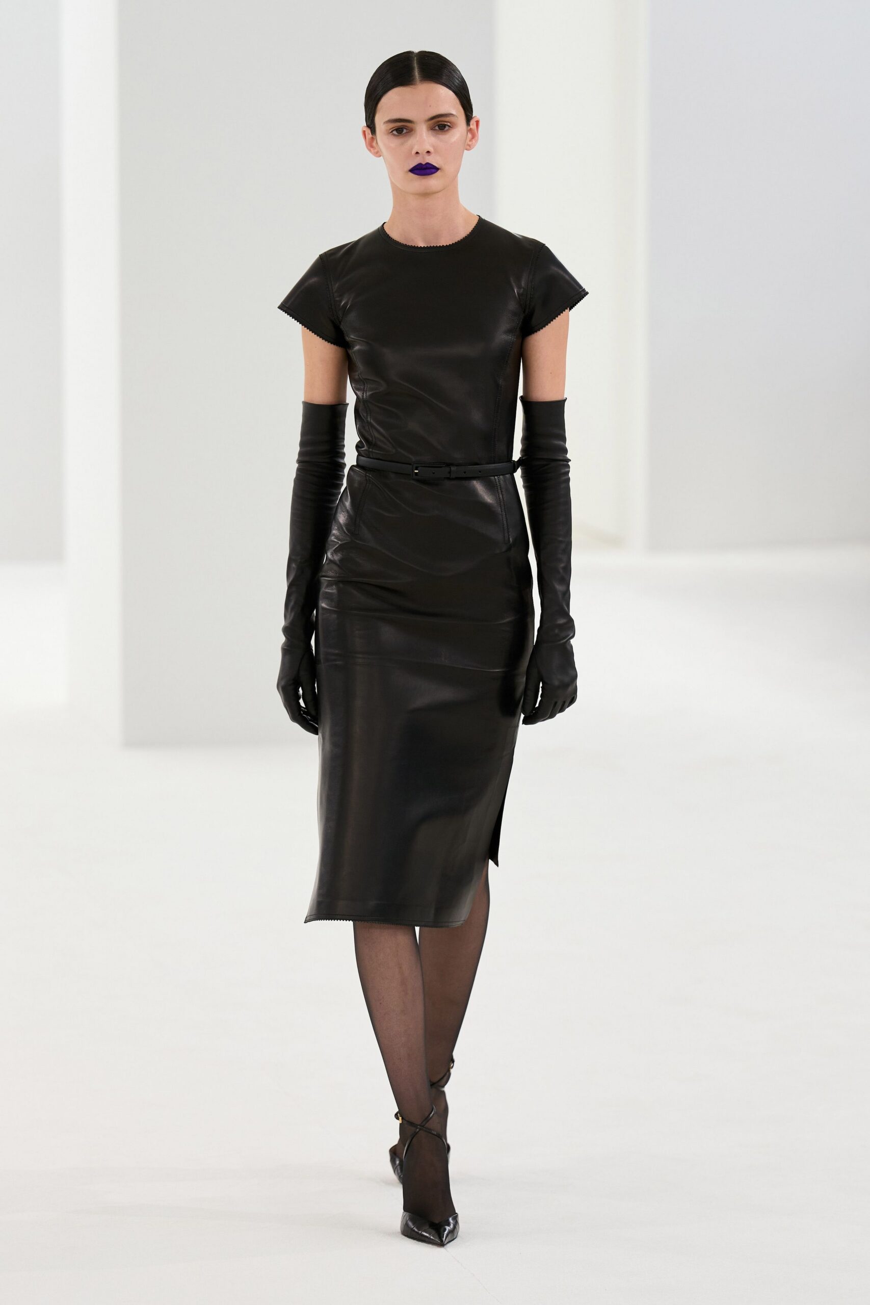 black leather short-sleeve v-neck fitted pencil midi dress