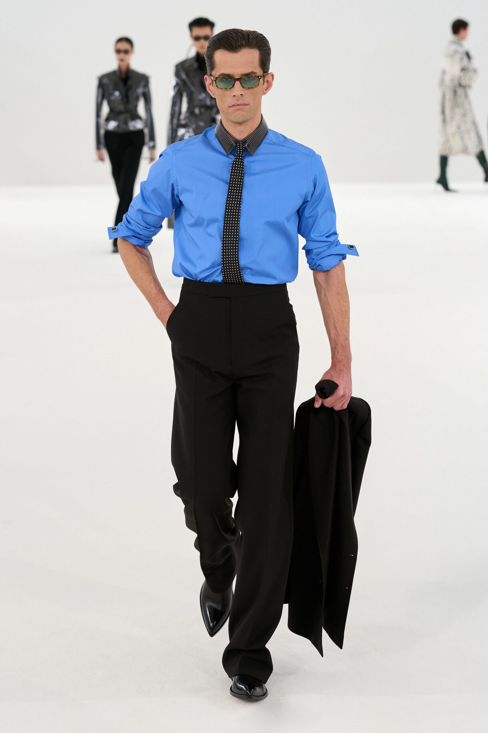black wool tailored high-waisted straight-leg pants