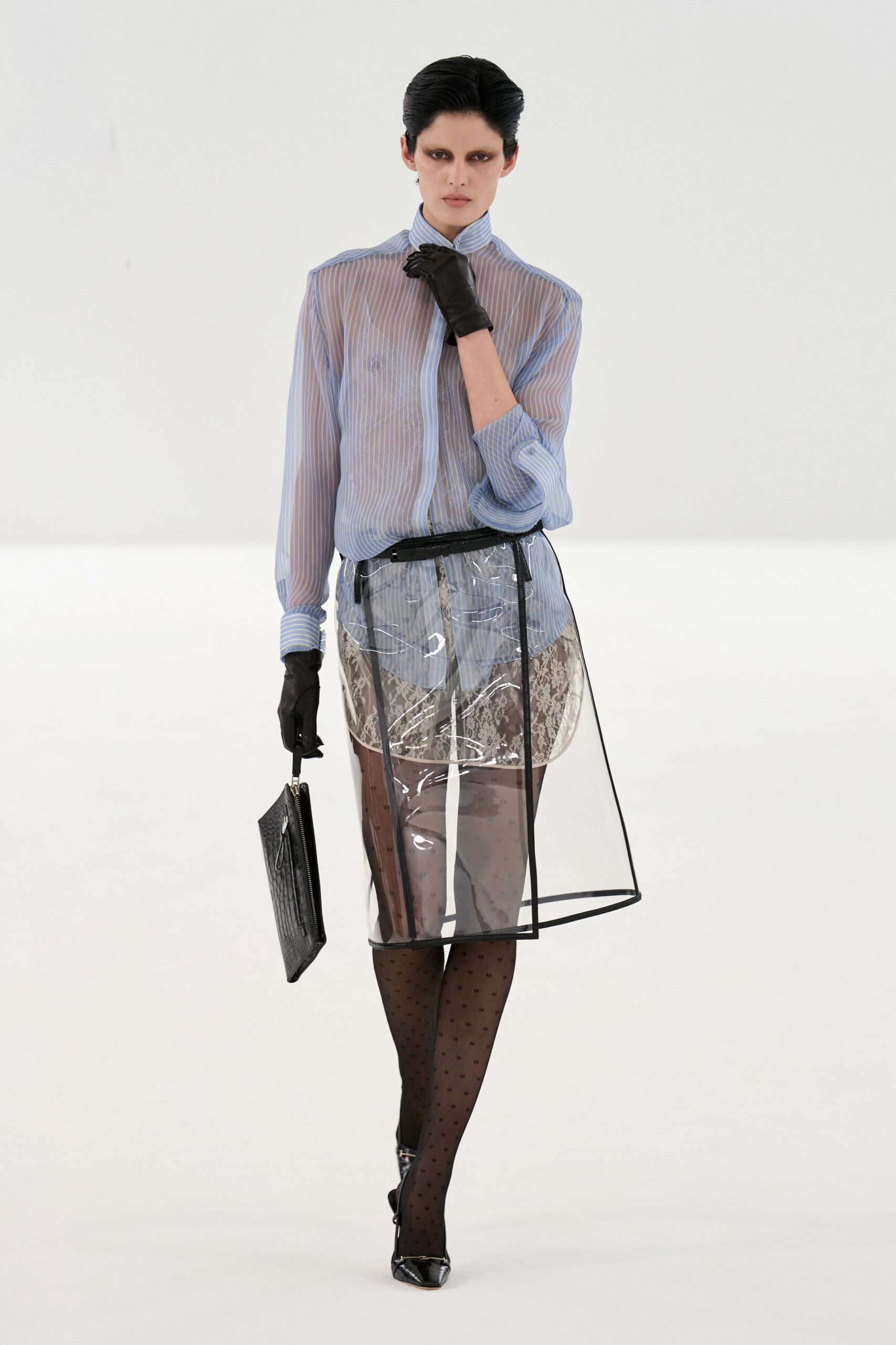 blue cotton long-sleeve collared fitted striped sheer shirt