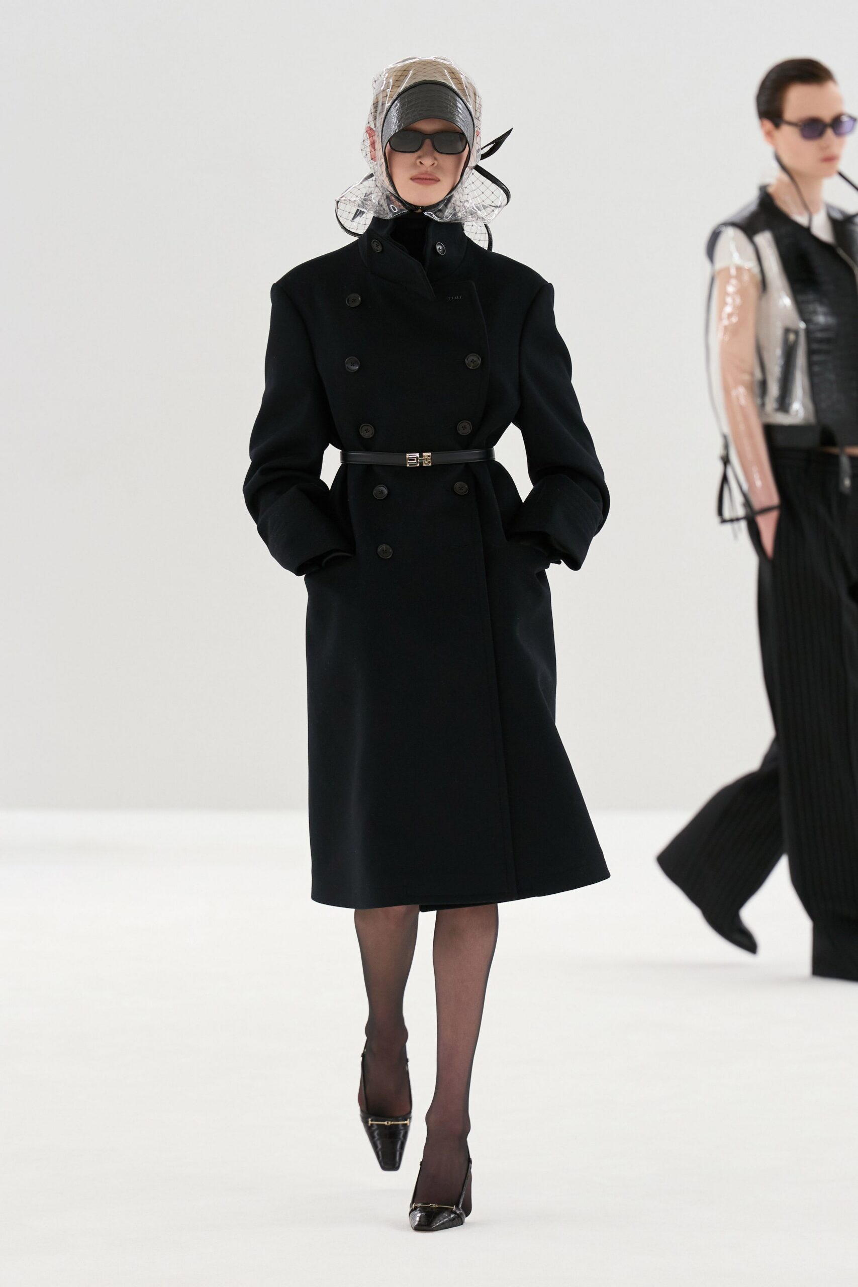 black wool long-sleeve double-breasted structured buttoned midi coat